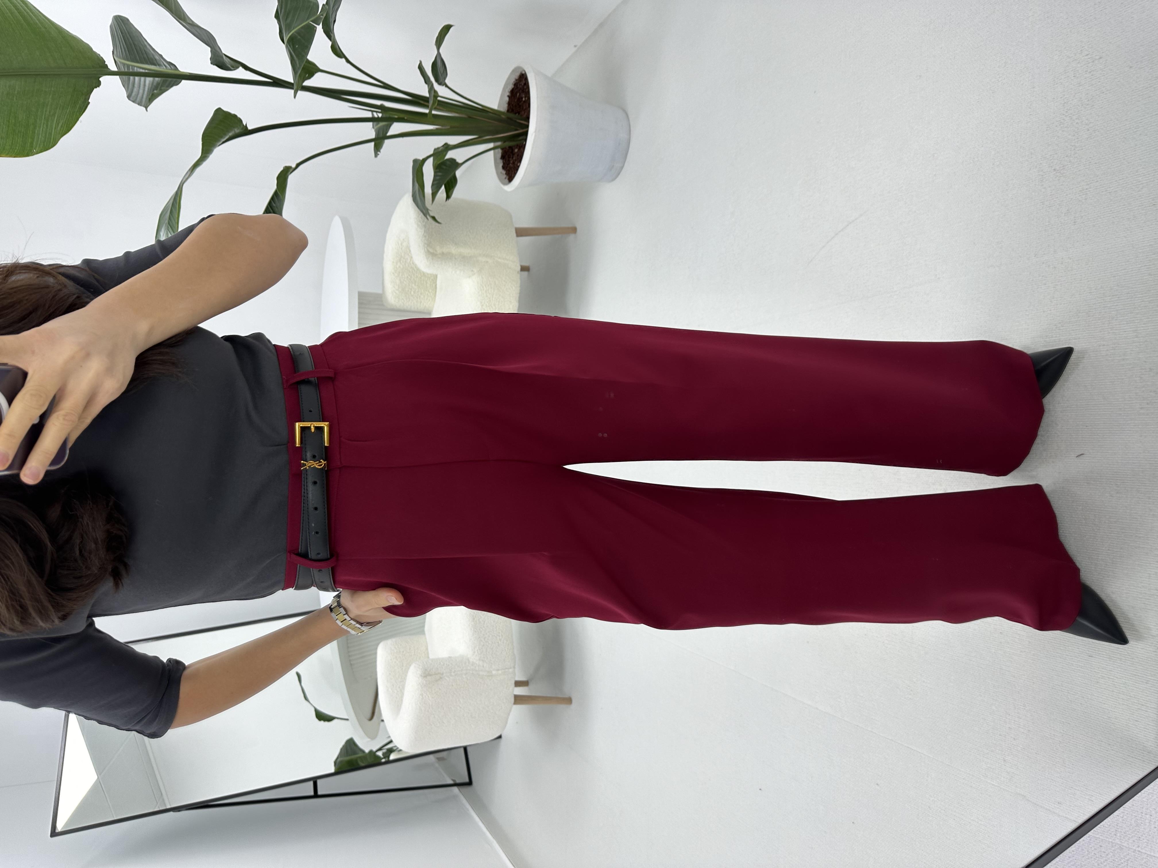 Double Kumaş Yüksek Bel Bordo Palazzo 