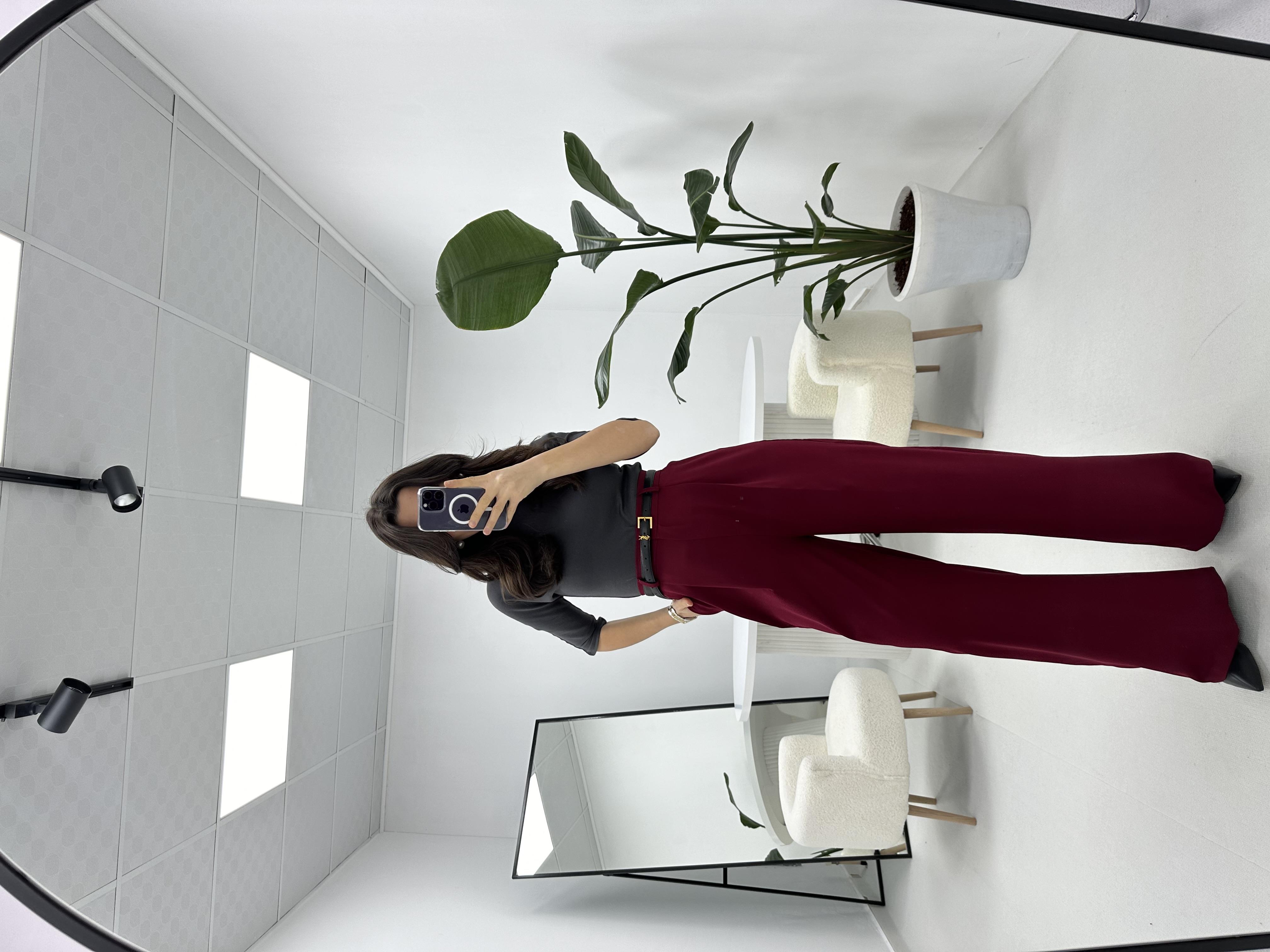 Double Kumaş Yüksek Bel Bordo Palazzo 