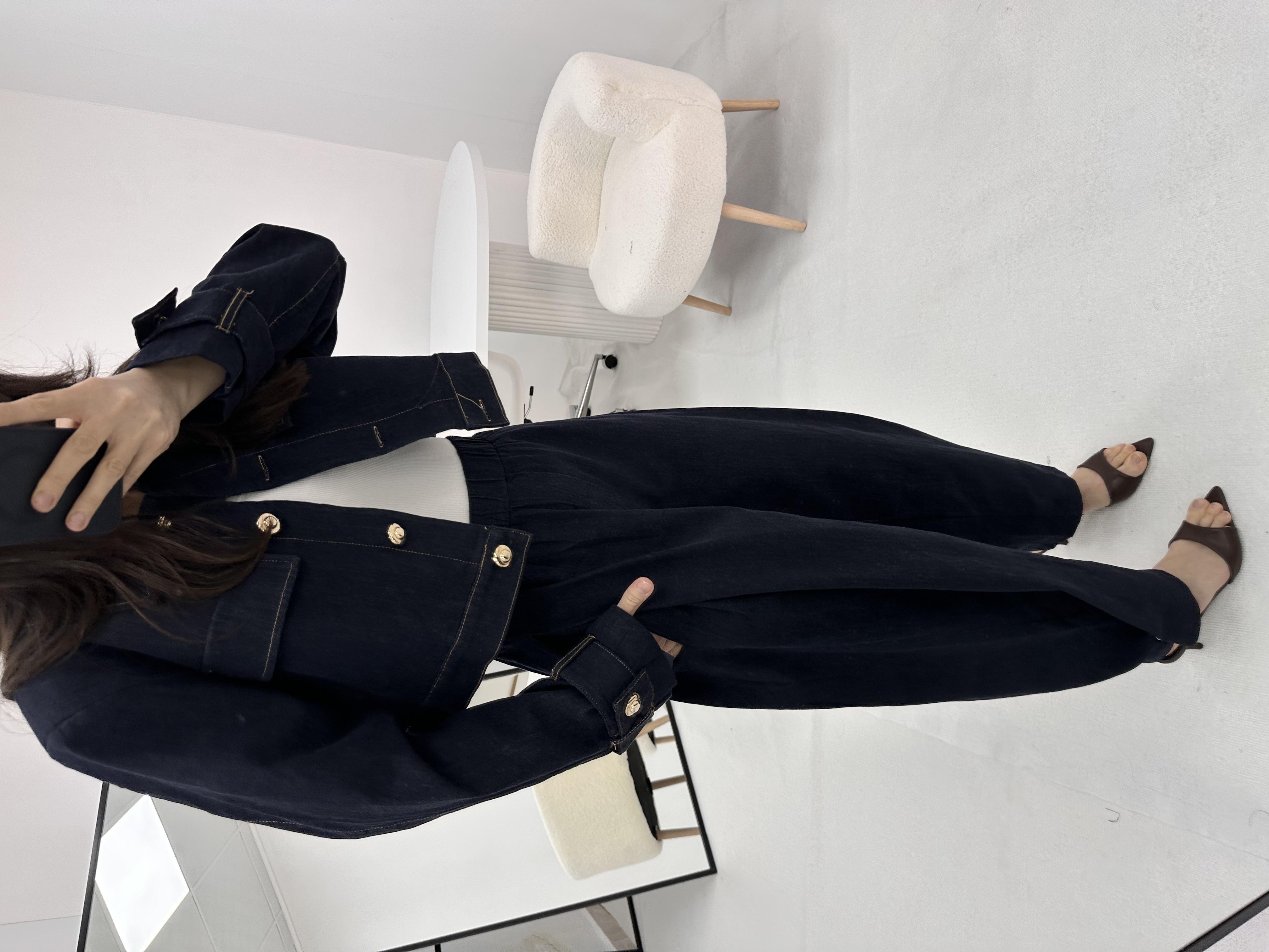 Düğme Detaylı Lacivert Kot Denim Ceket Pantolon Takım  