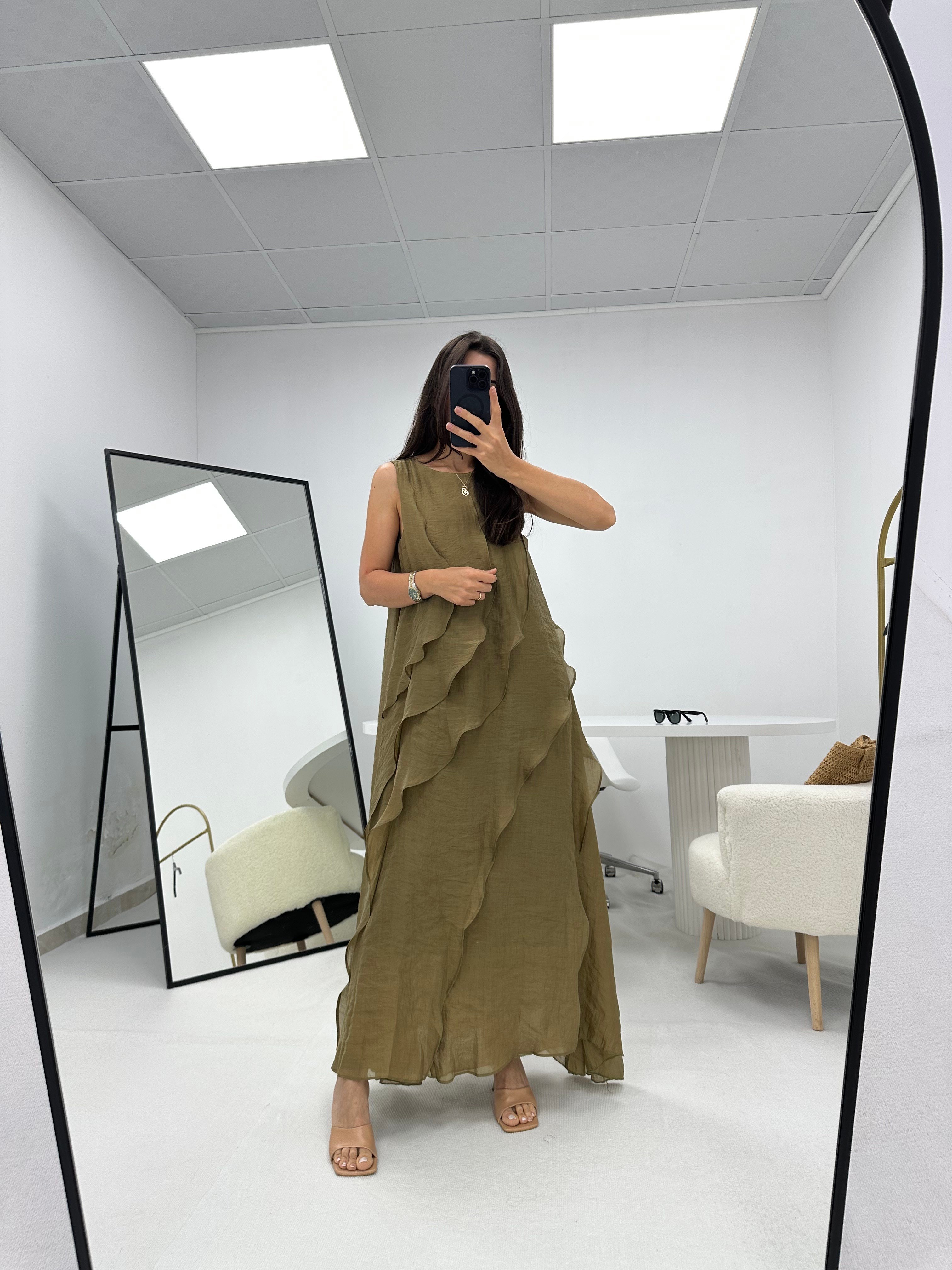 Fırfır Detaylı Olive Astarlı  Tül Elbise 