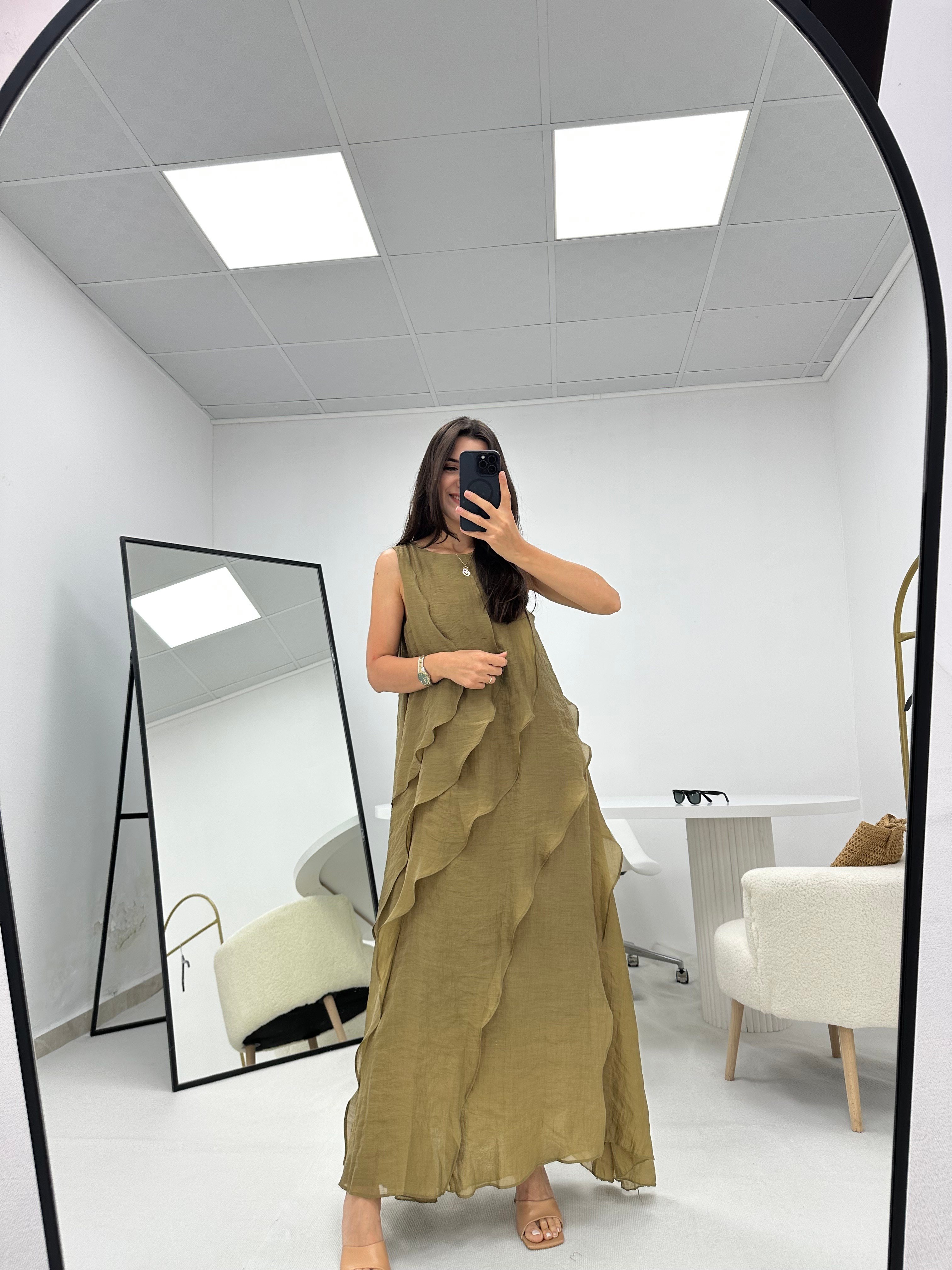 Fırfır Detaylı Olive Astarlı  Tül Elbise 