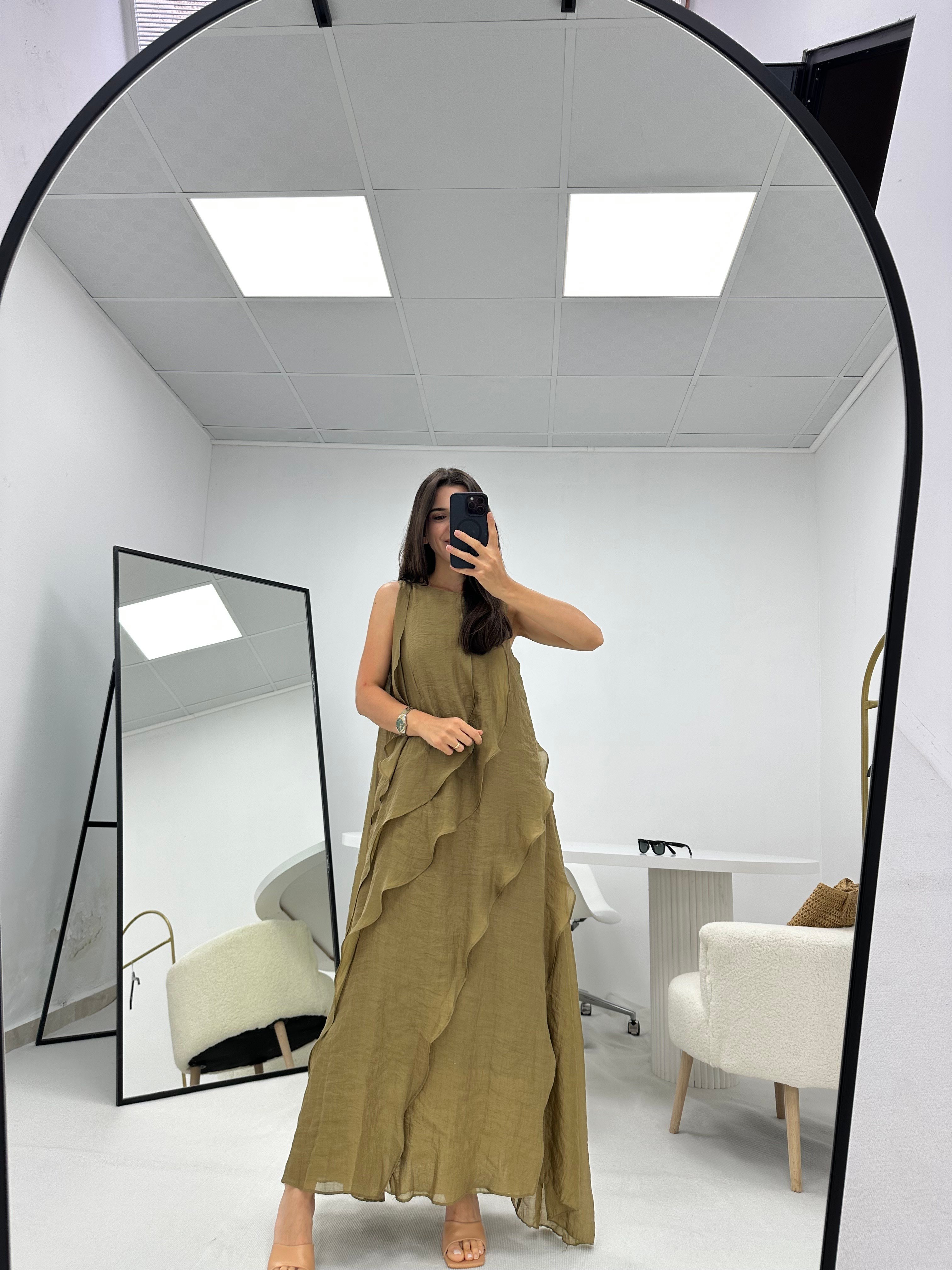 Fırfır Detaylı Olive Astarlı  Tül Elbise 