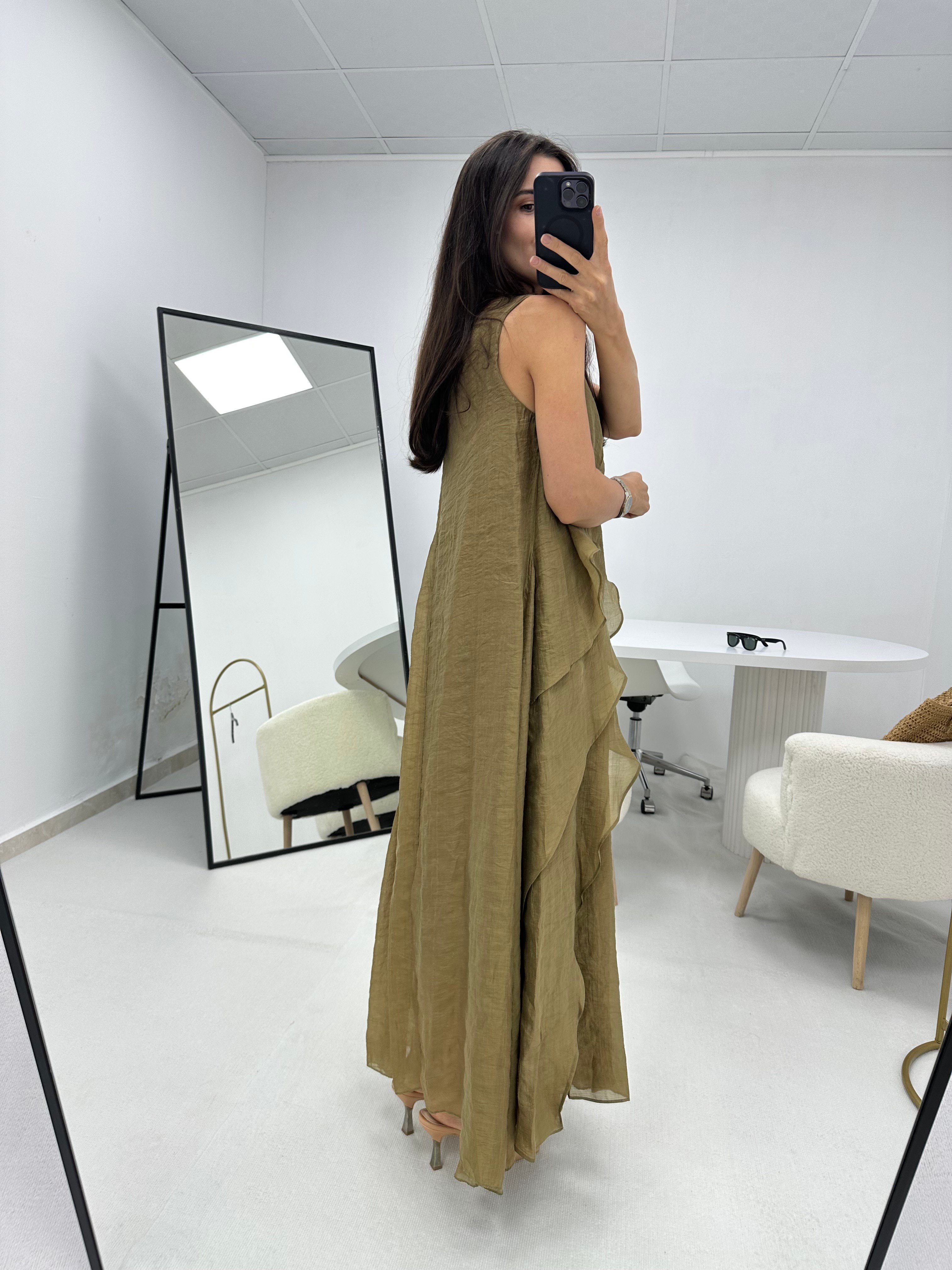 Fırfır Detaylı Olive Astarlı  Tül Elbise 