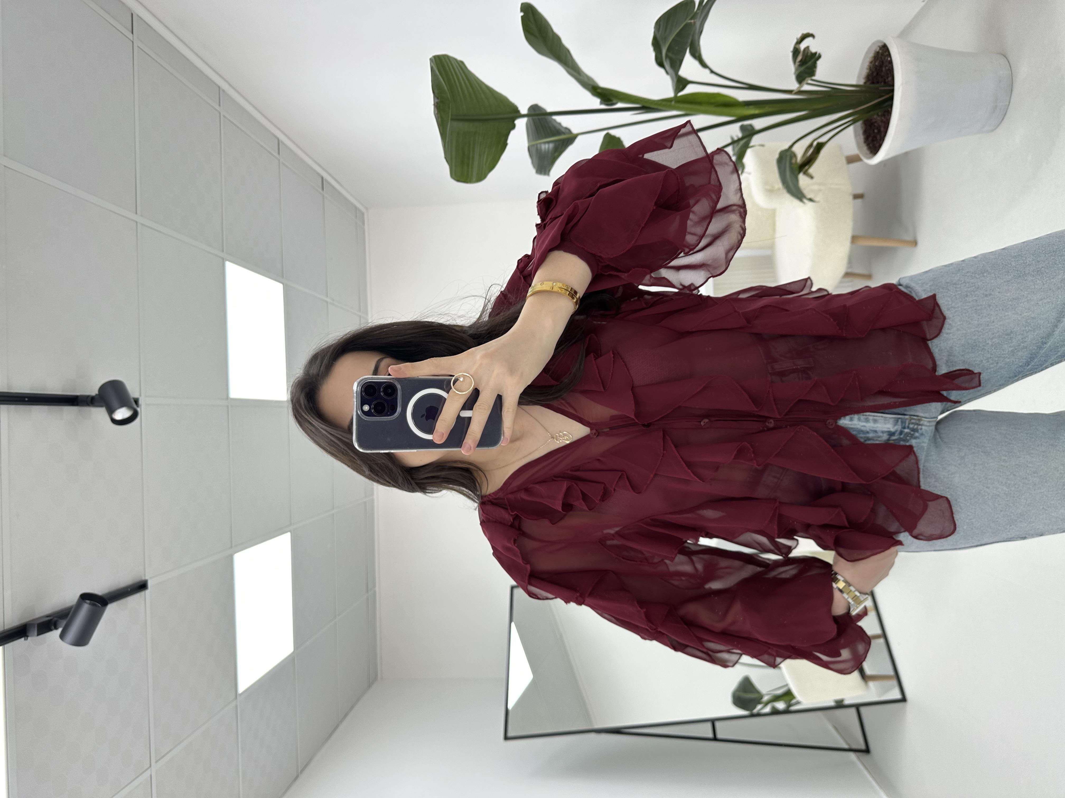 Fırfırlı Bordo Transparan Gömlek 