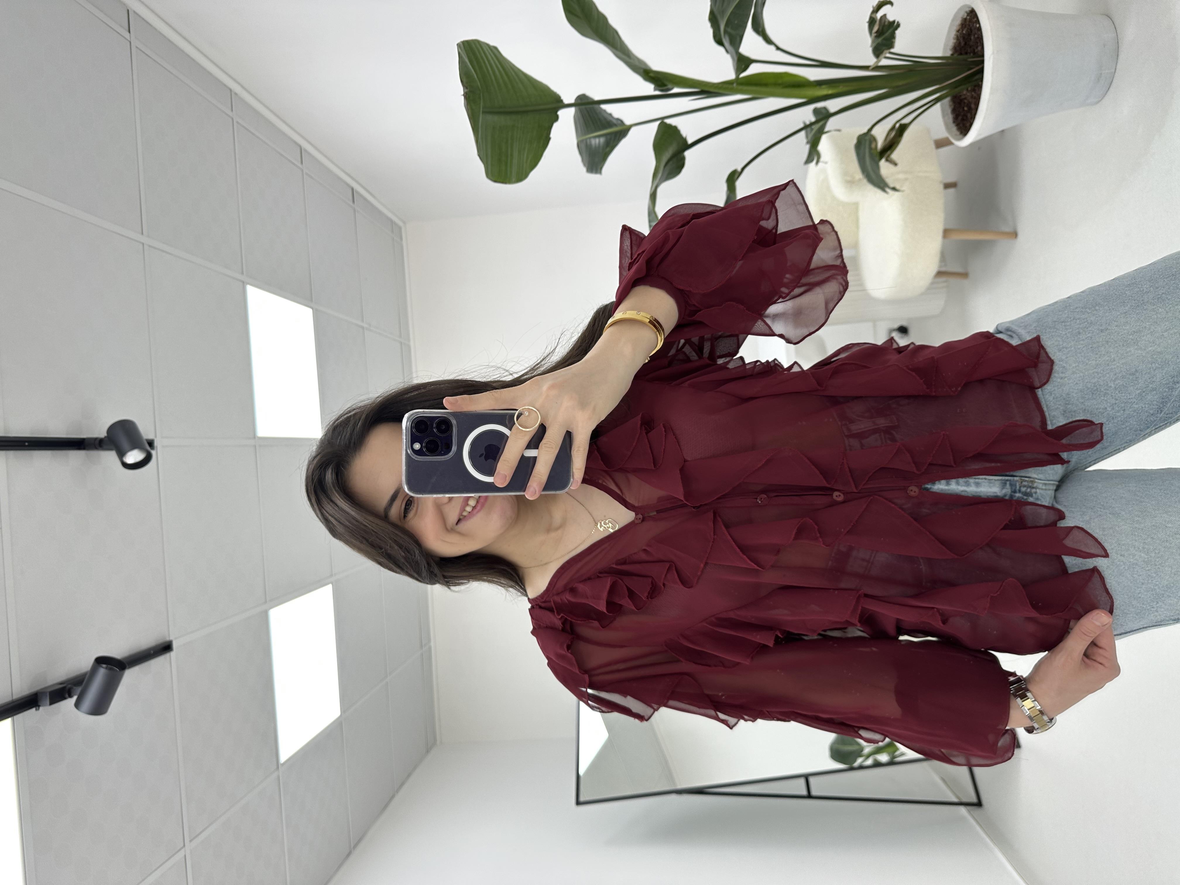 Fırfırlı Bordo Transparan Gömlek 