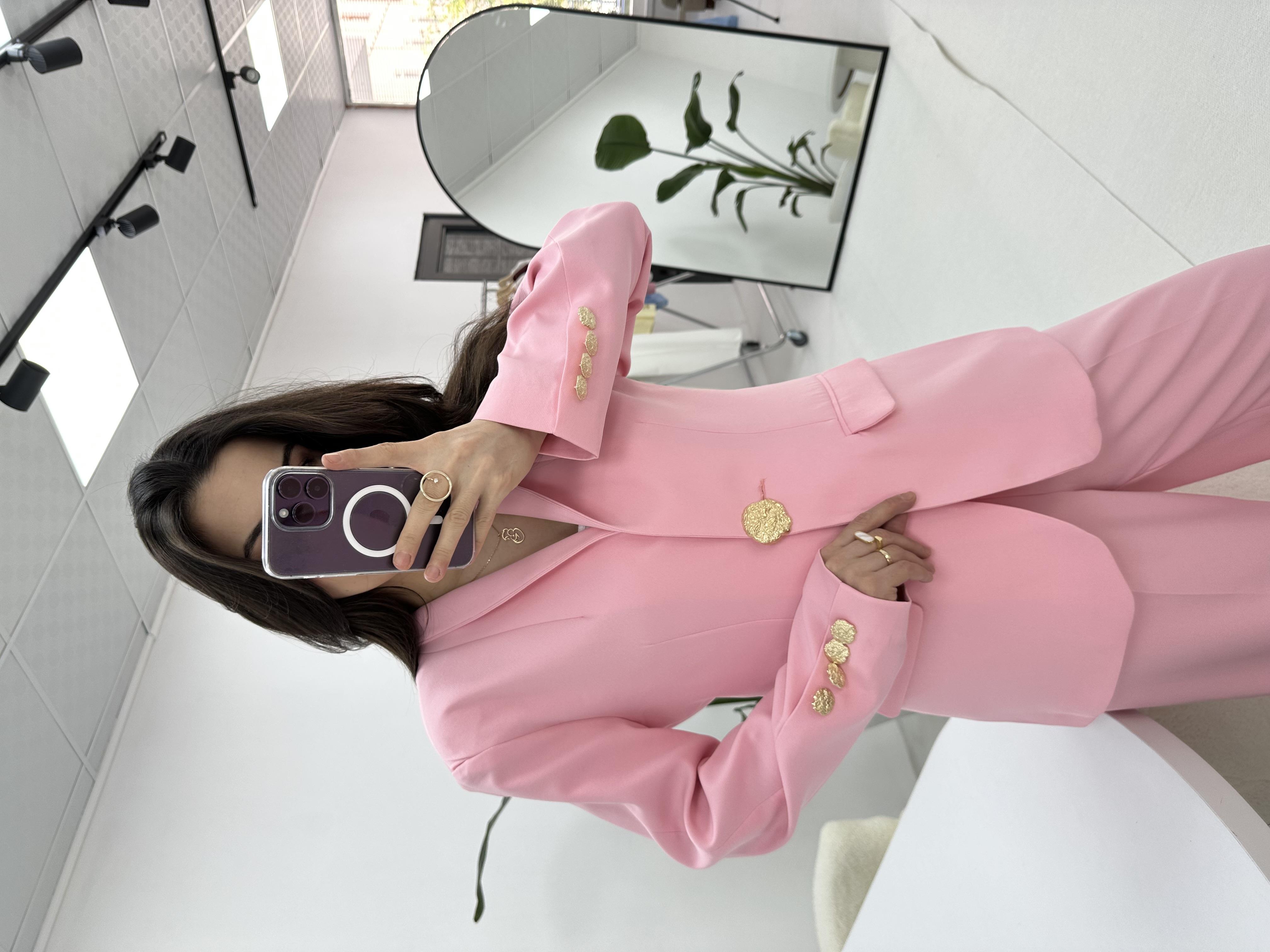 Gold Düğme Detaylı Pembe  Blazer Ceket 