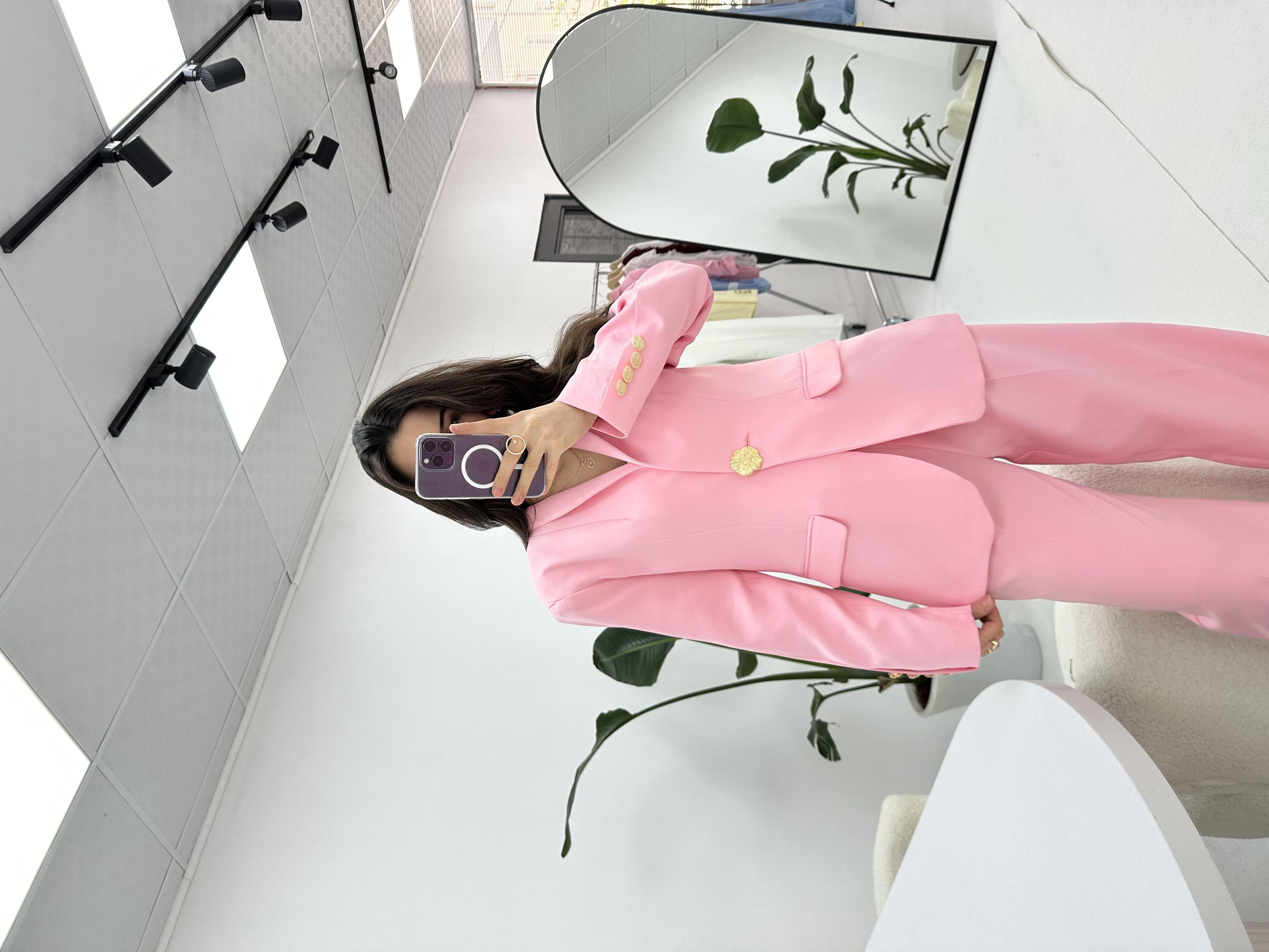 Gold Düğme Detaylı Pembe  Blazer Ceket 