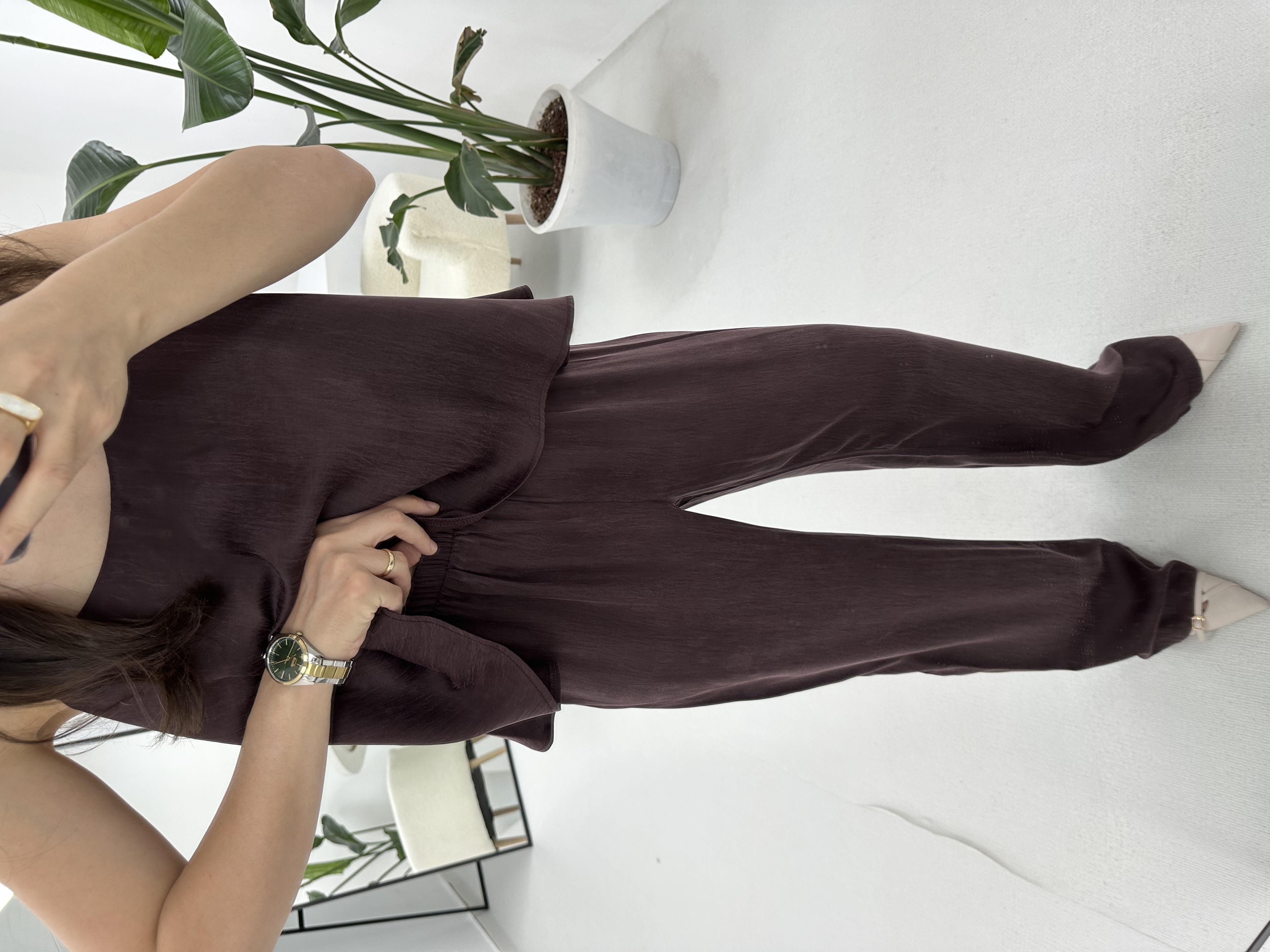 İnce Askılı Mürdüm Bluz Pantolon Takım 