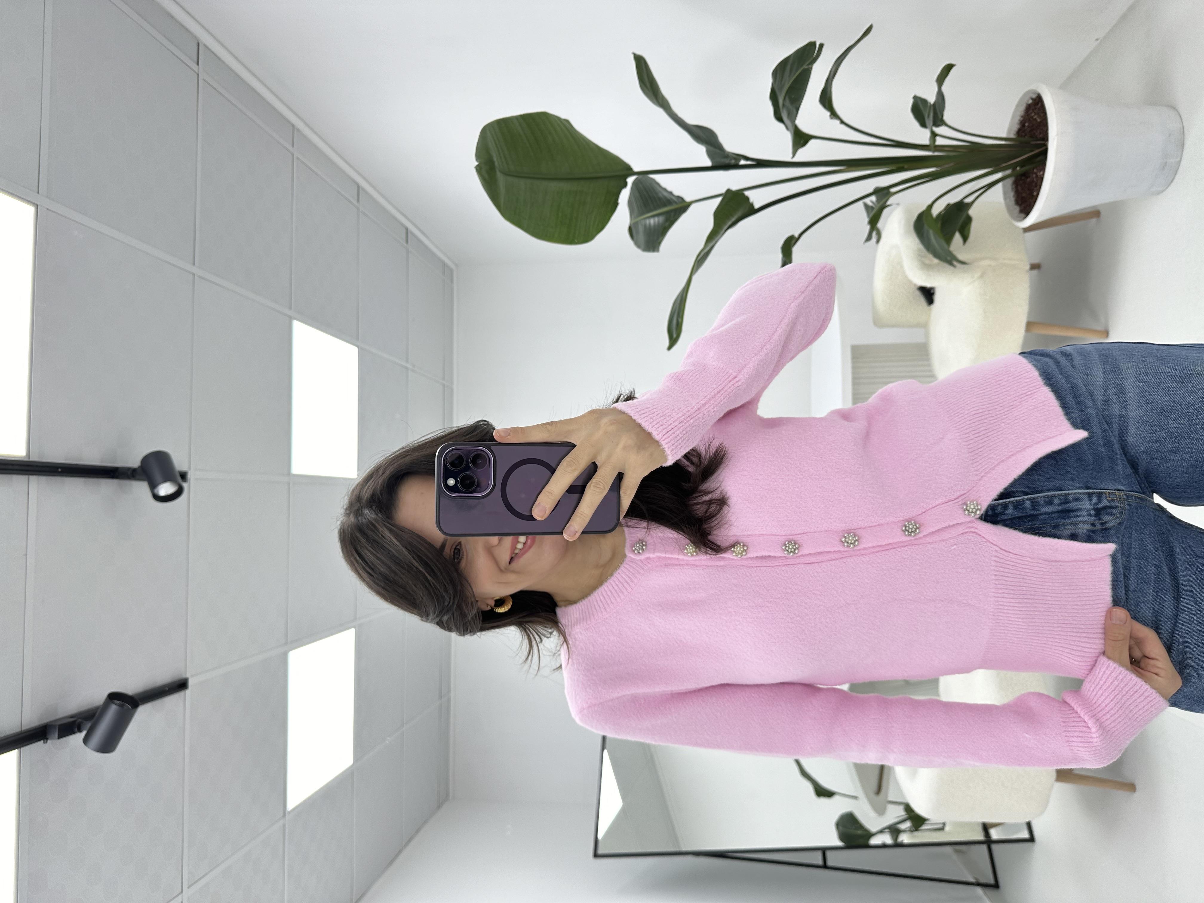 İnci Düğmeli Pembe Hırka 