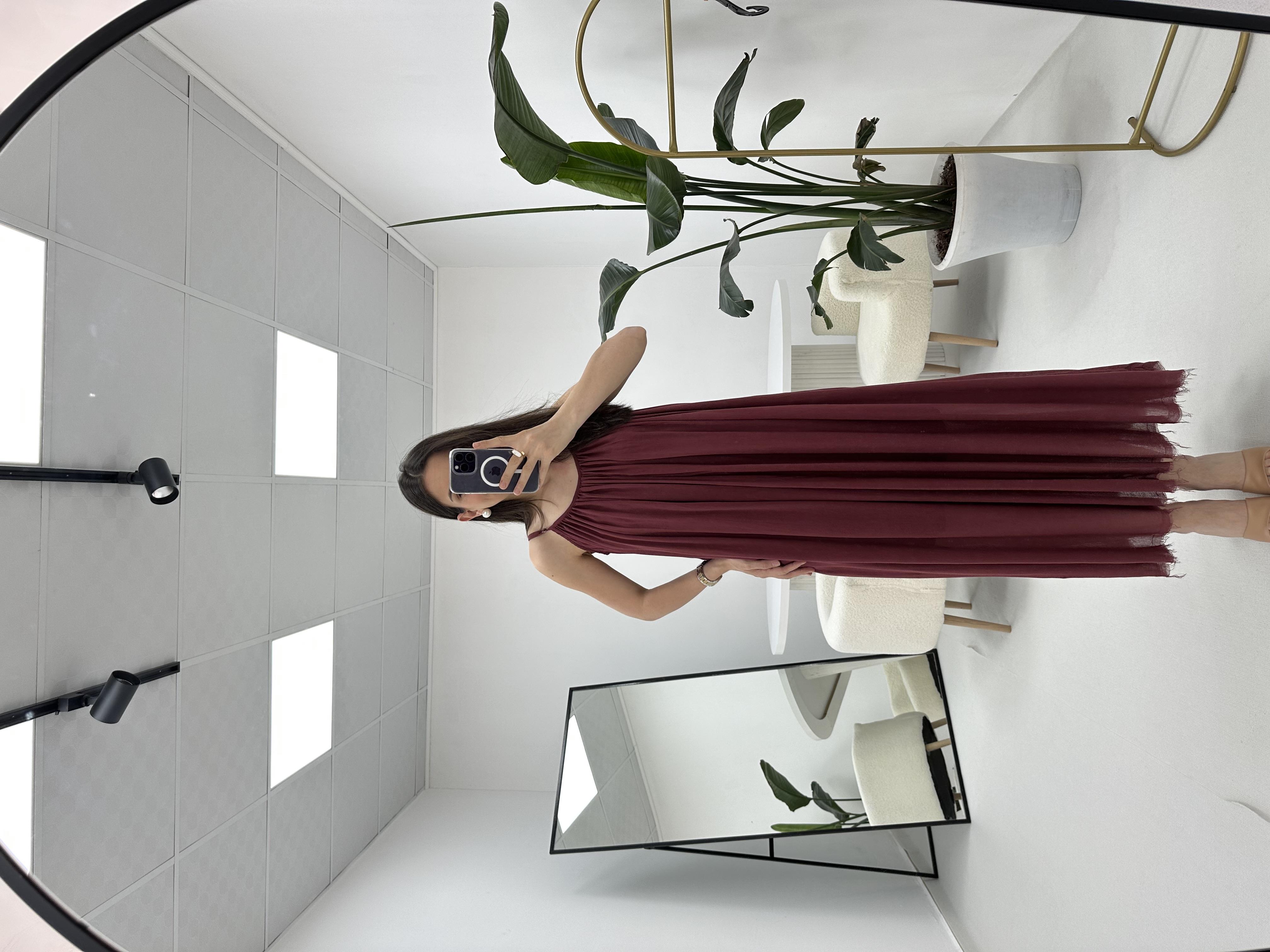 İp Askılı Bordo Elbise