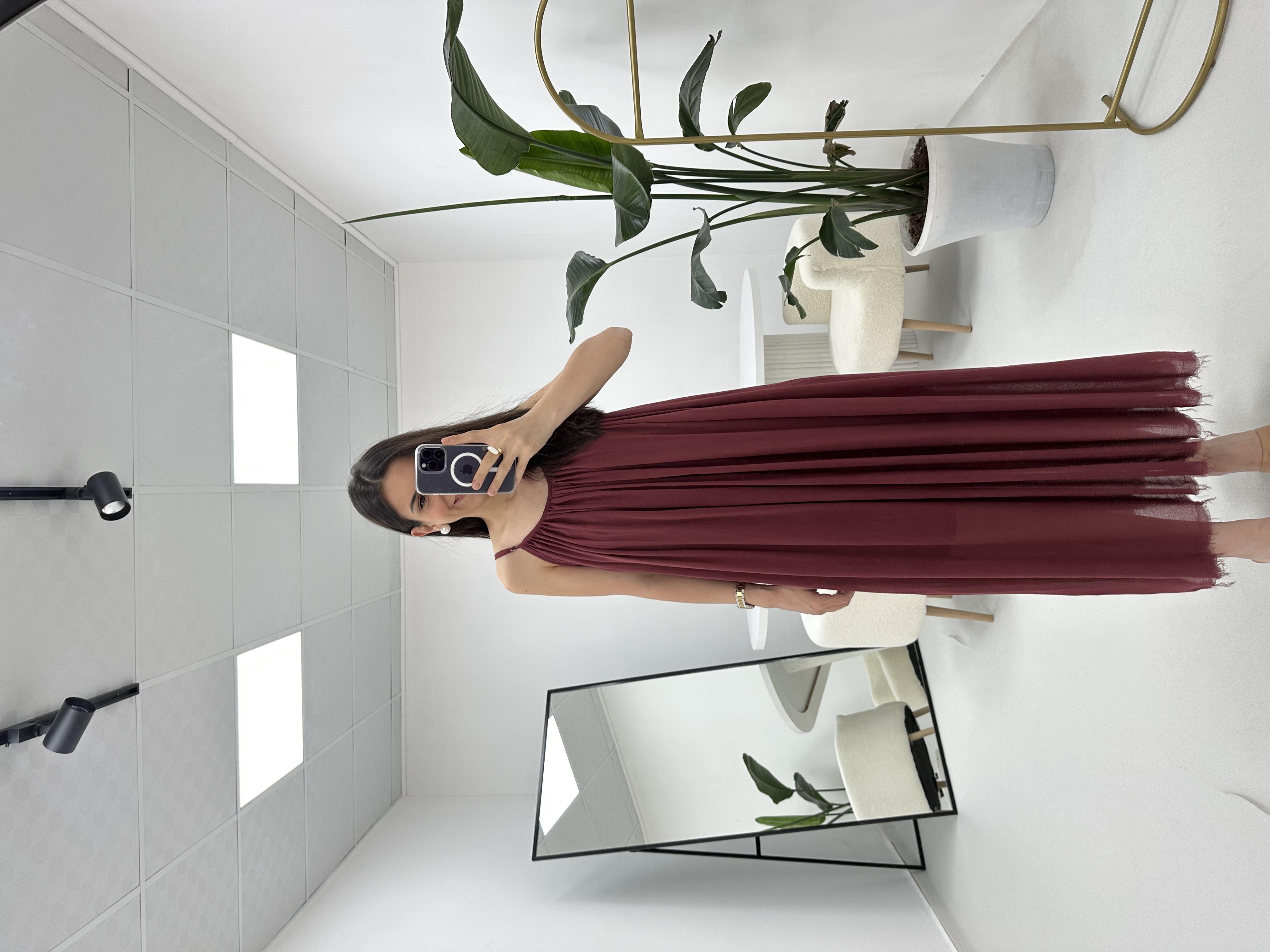 İp Askılı Bordo Elbise