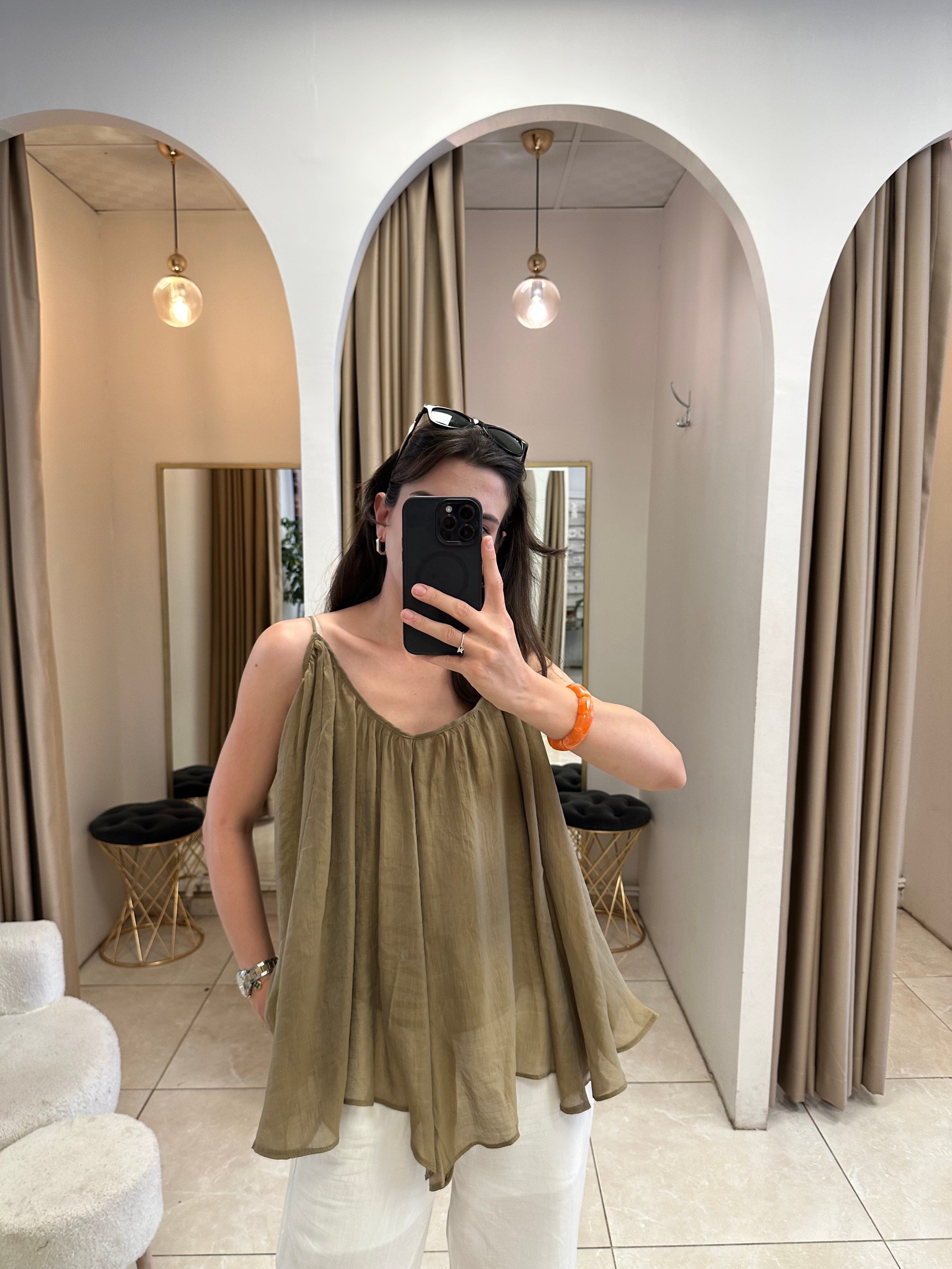 İp Askılı Tül Olive Bluz