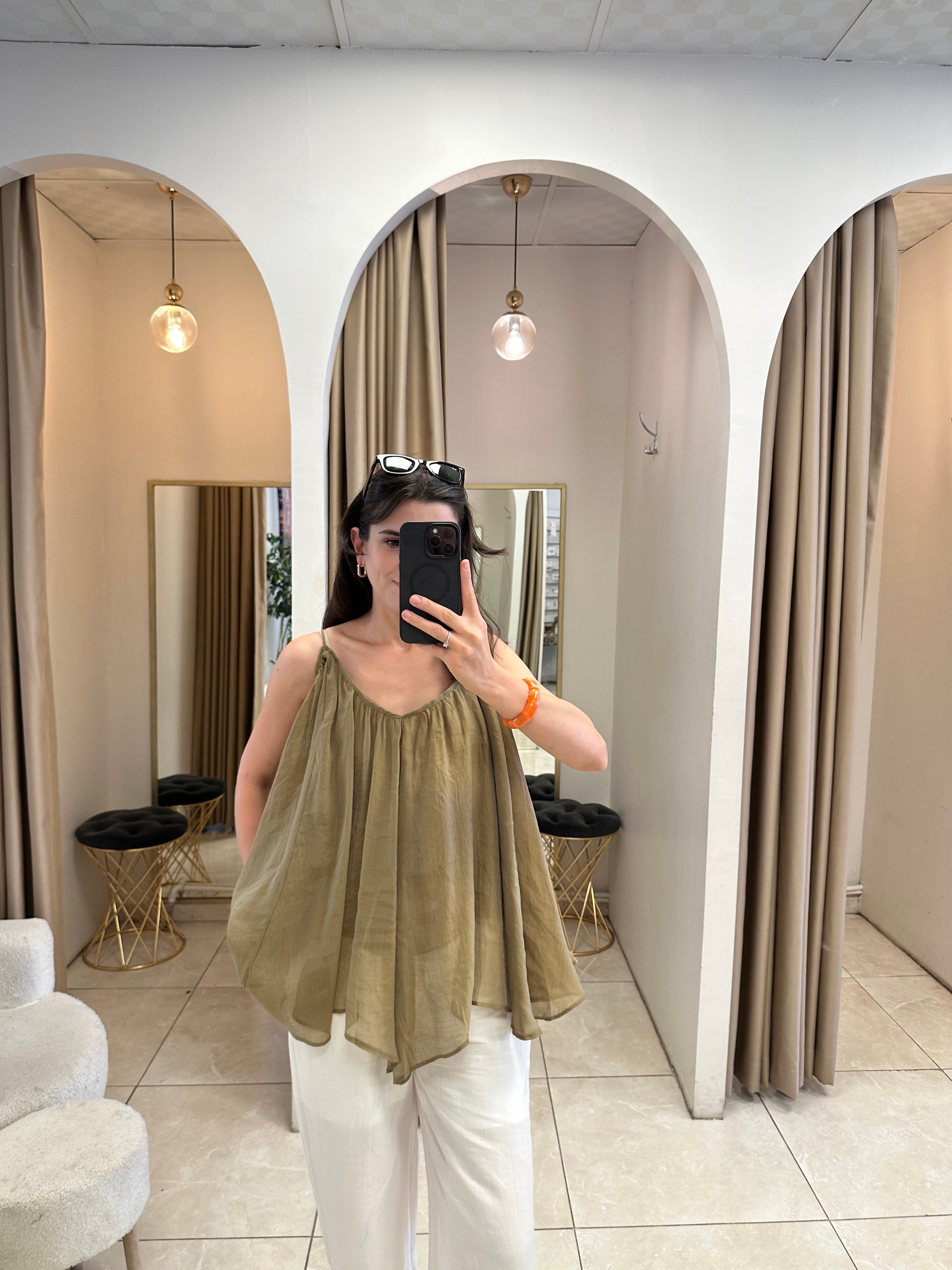 İp Askılı Tül Olive Bluz