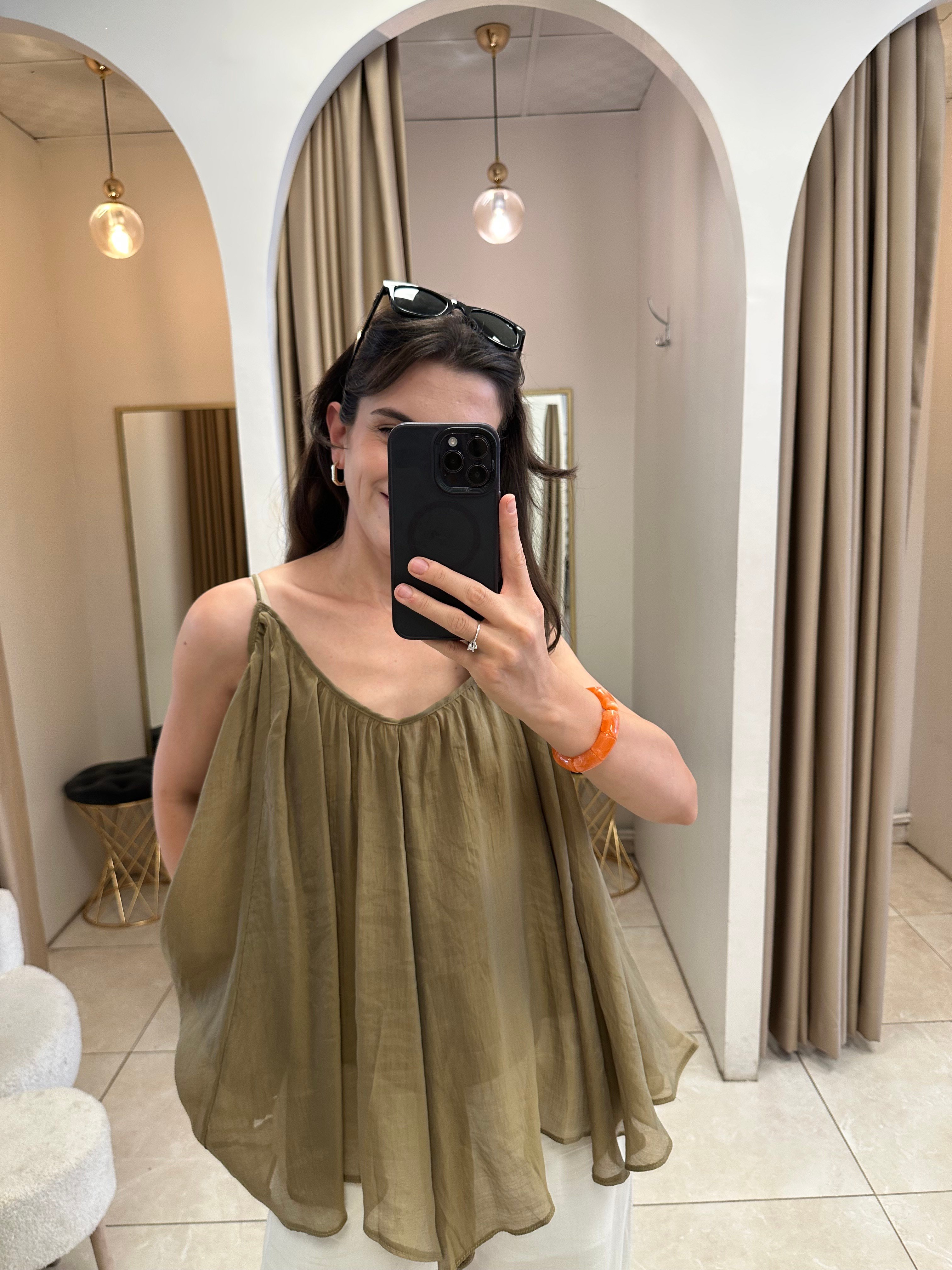 İp Askılı Tül Olive Bluz
