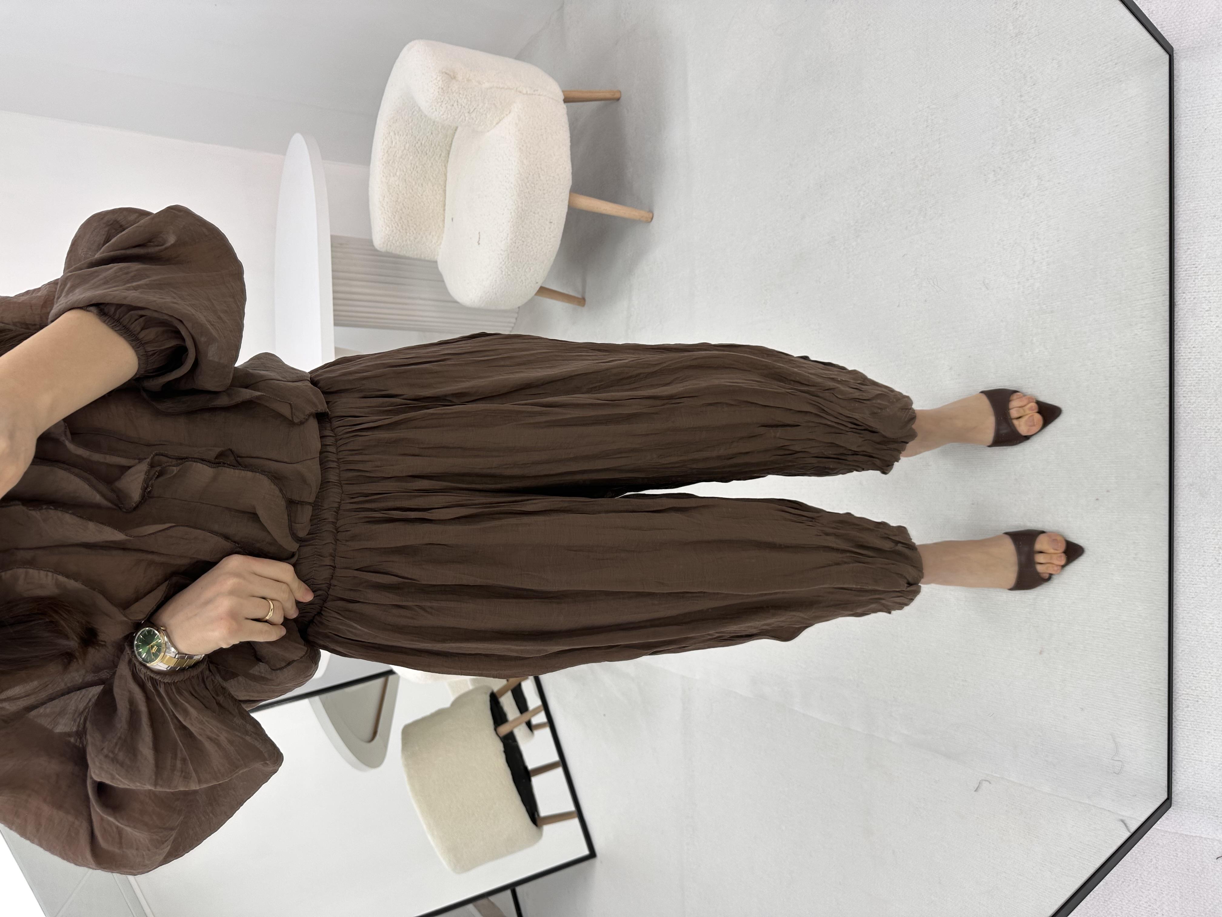 Kırışık Kumaş Detaylı Kahverengi Pantolon 