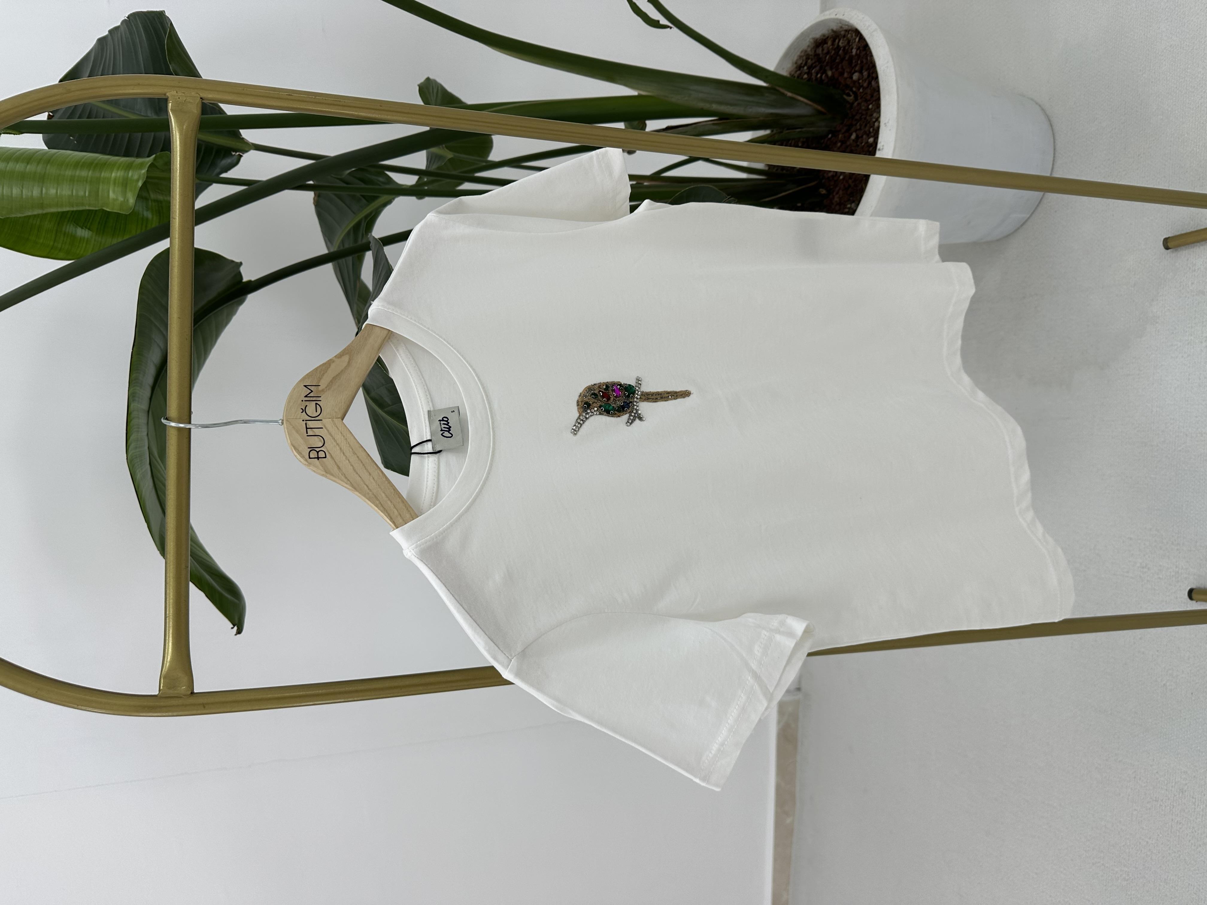Kuş İşlemi T-shirt Beyaz