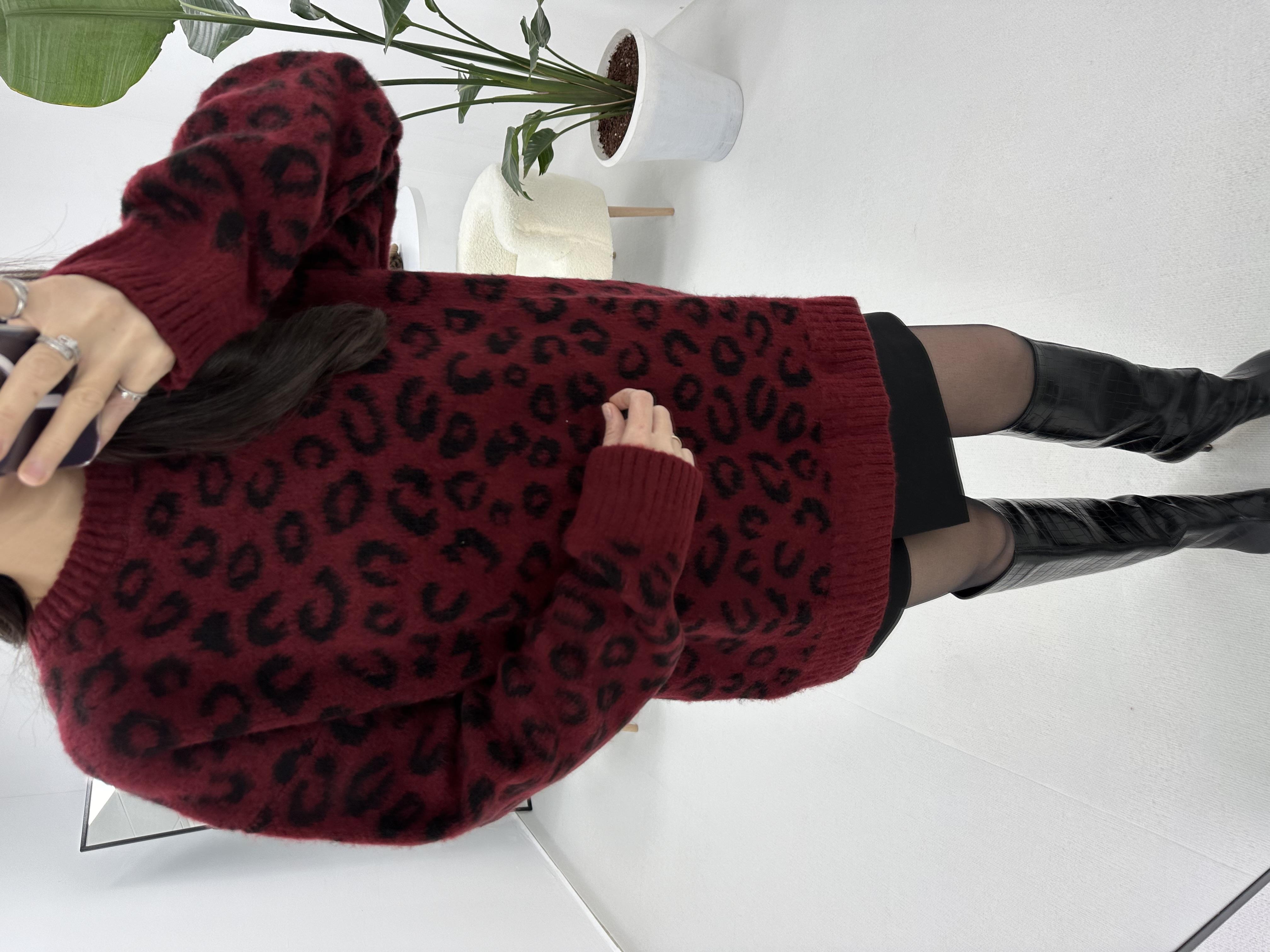 Leopar Desenli Şardonlu Bordo  Kazak