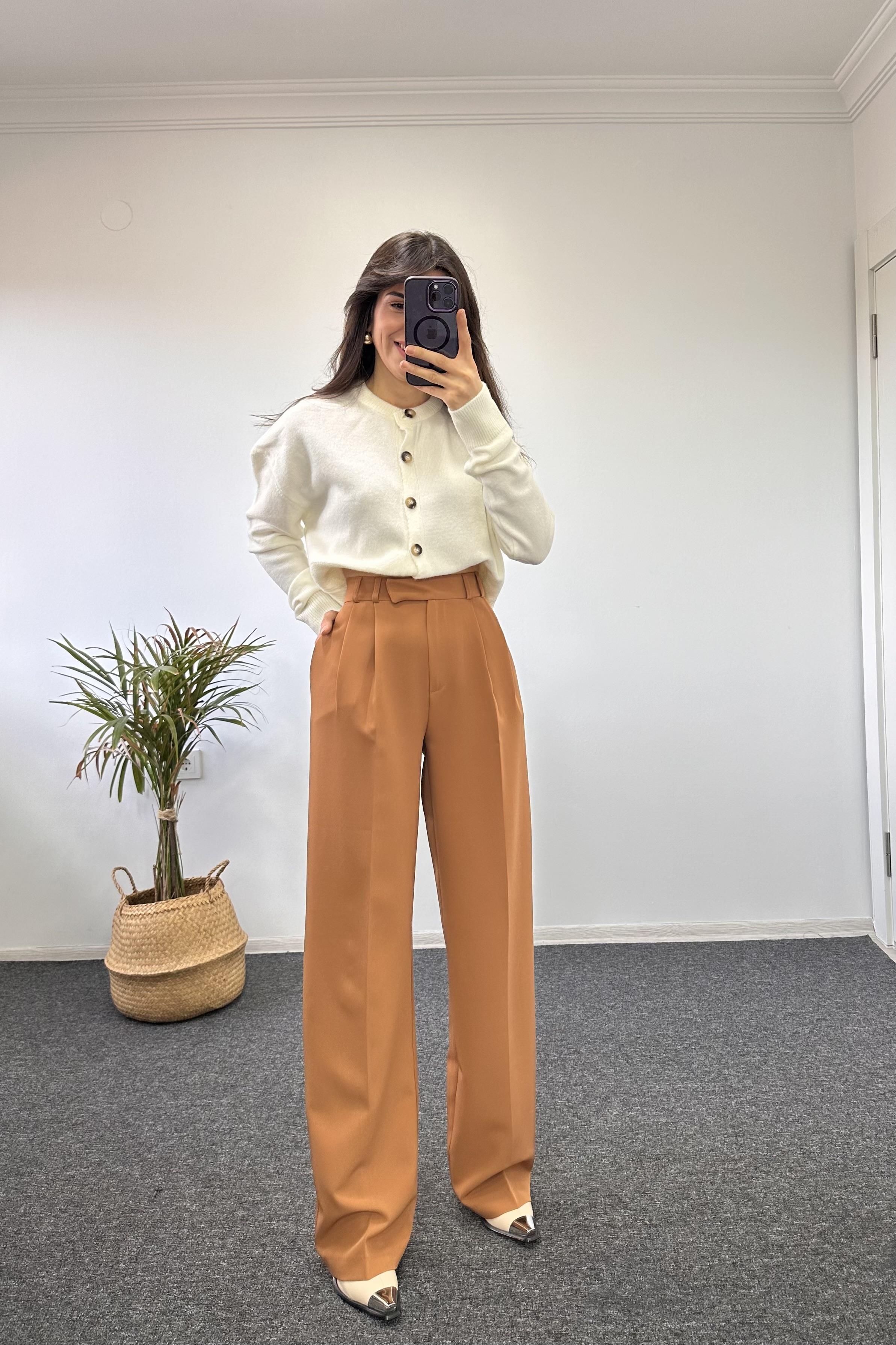 Lüx Kalite Camel Palazzo Pantolon 