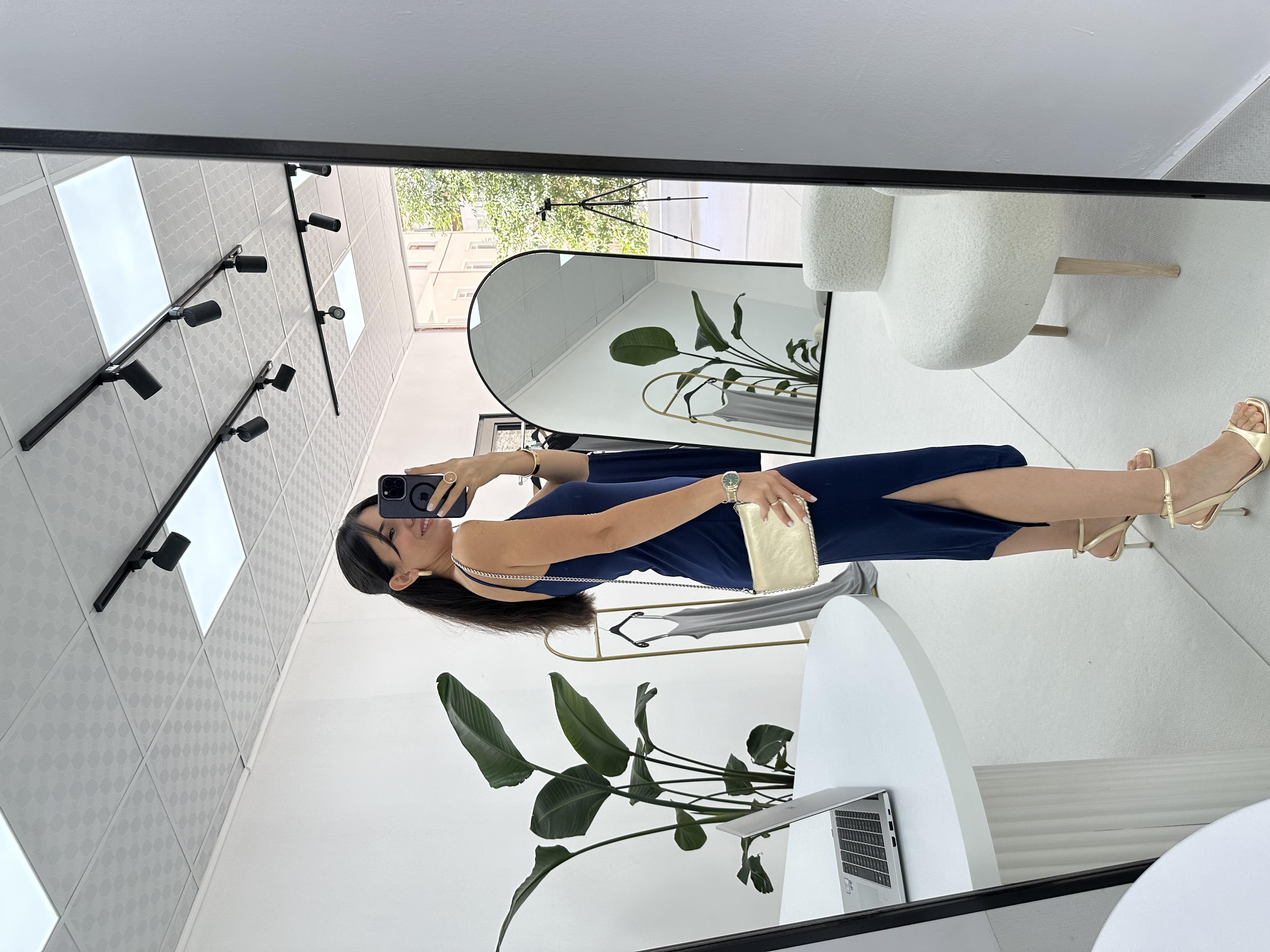 Modal Kumaş İnce Askılı Lacivert Elbise