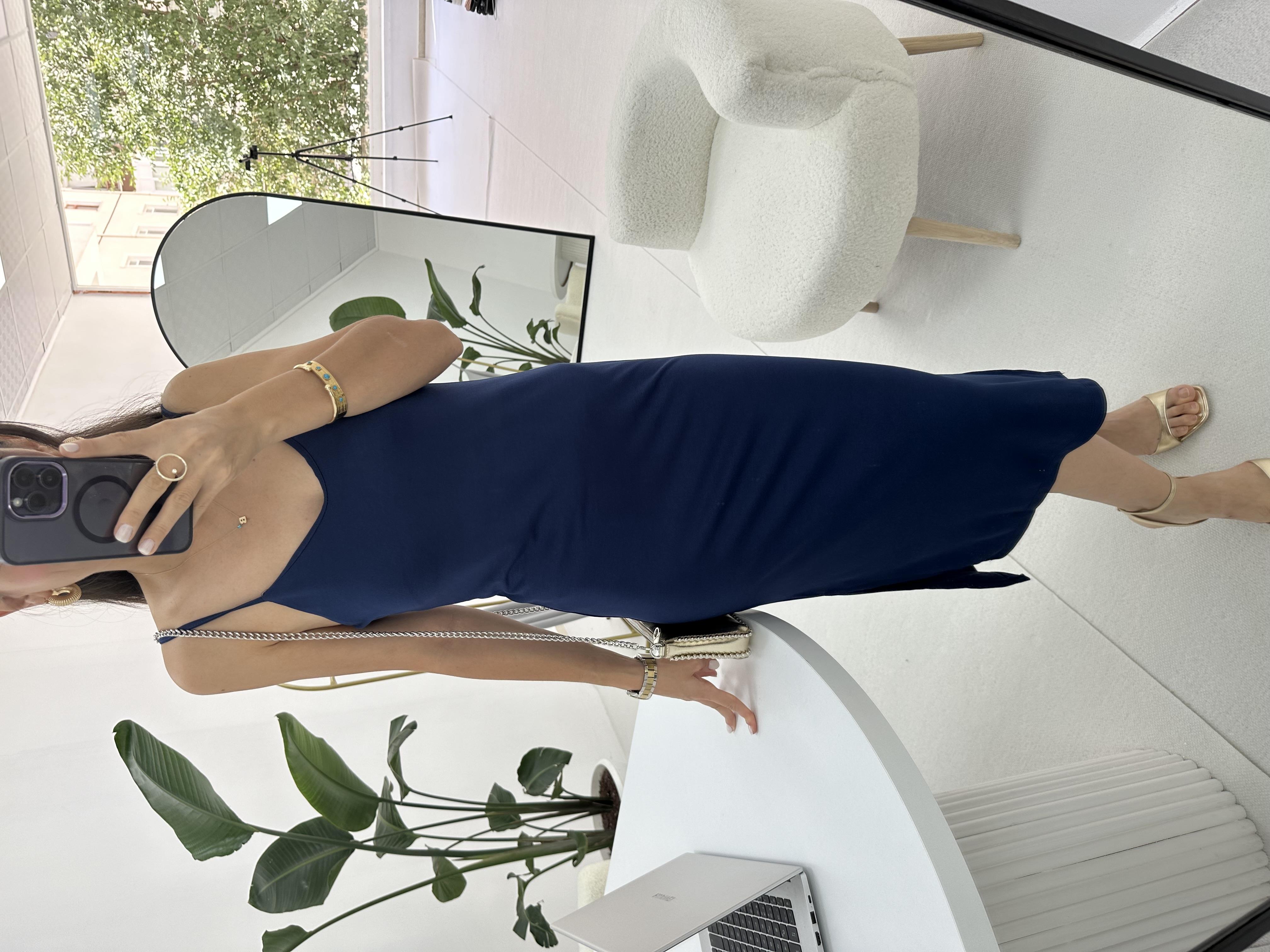 Modal Kumaş İnce Askılı Lacivert Elbise