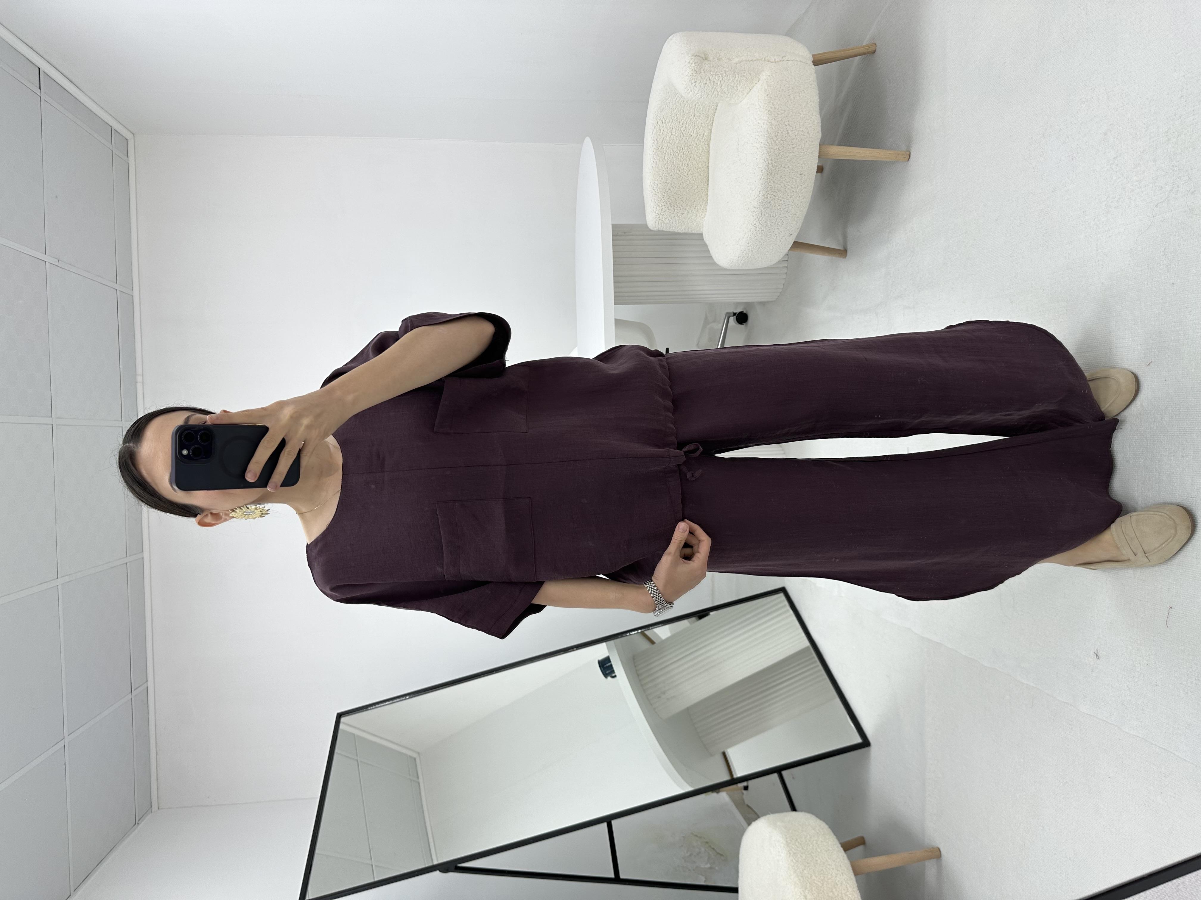 Oval Kesim Paça Detaylı Mürdüm Takım 
