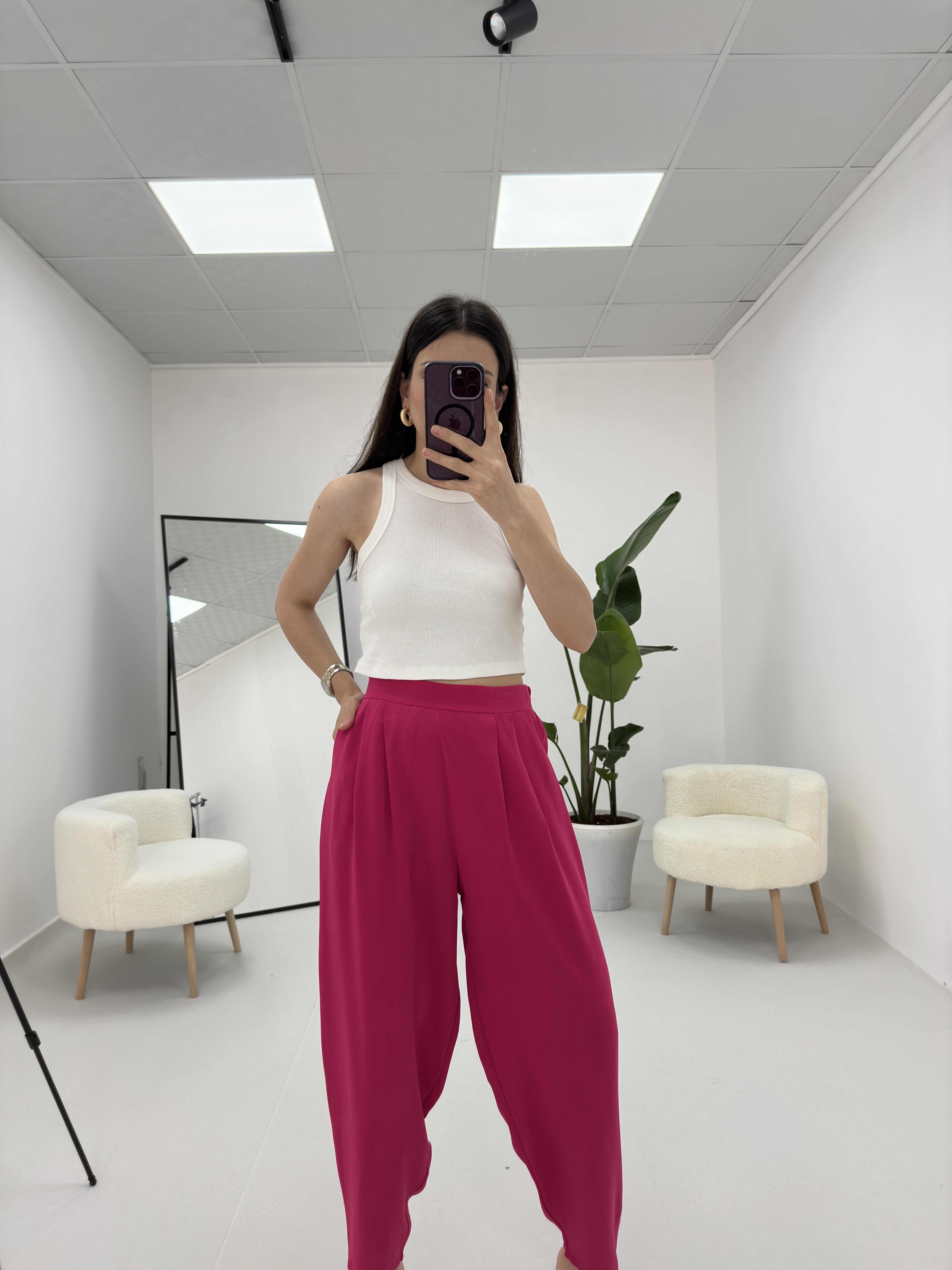 Pembe Beli Lastikli Pilili Pantolon