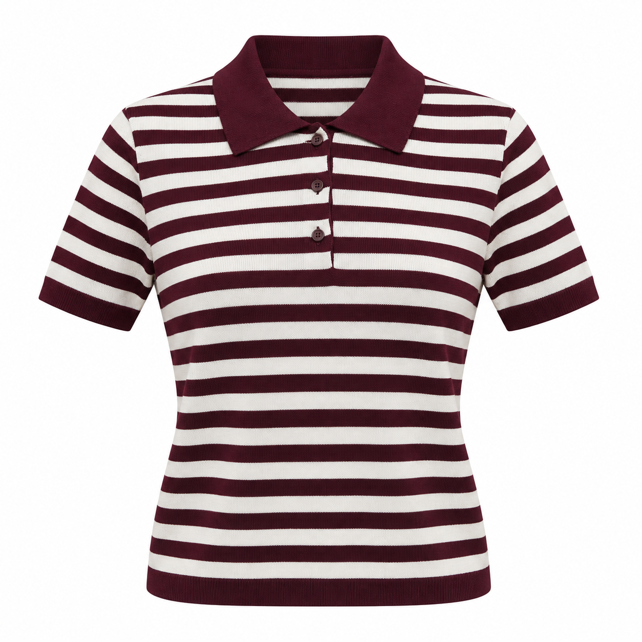 Polo Yaka Bordo  Beyaz Çizgili Bluz 
