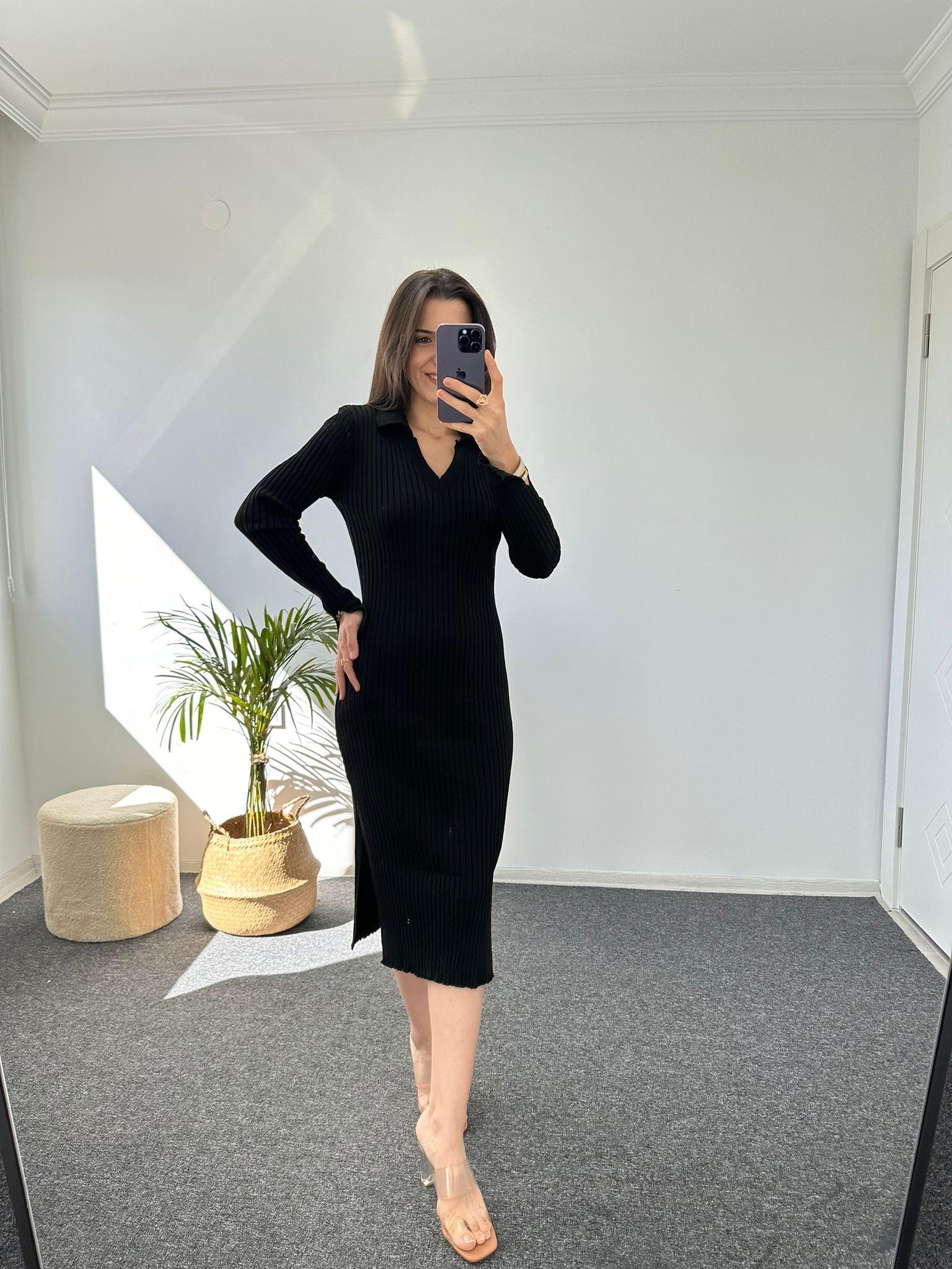 POLO YAKA YIRTMAÇLI TRİKO ELBİSE