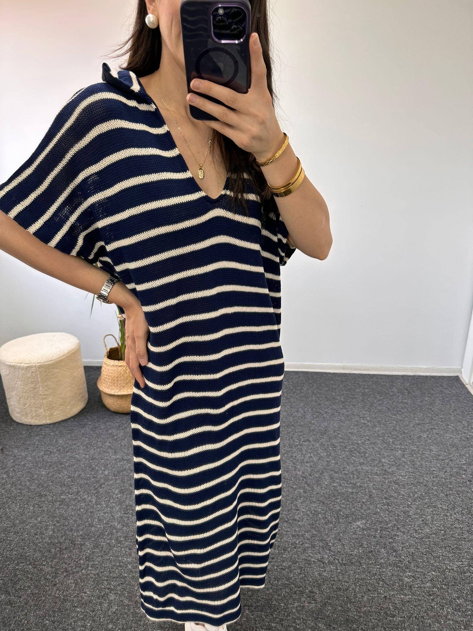 Premium Lacivert Bej Çizgili Gömlek Yaka Triko Midi Elbise