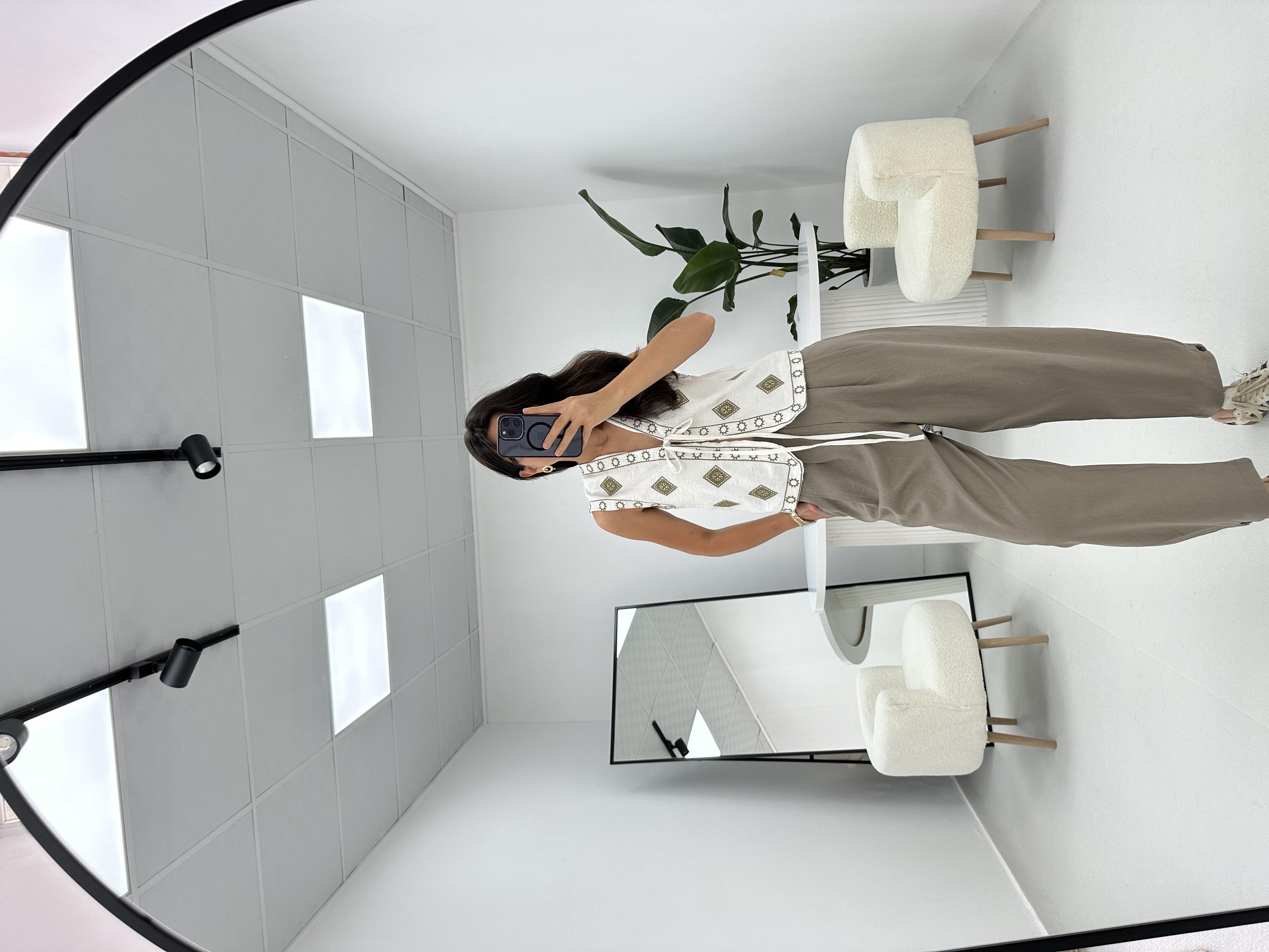 Şalvar Model Düğme Detaylı Keten Pantolon Vizon   