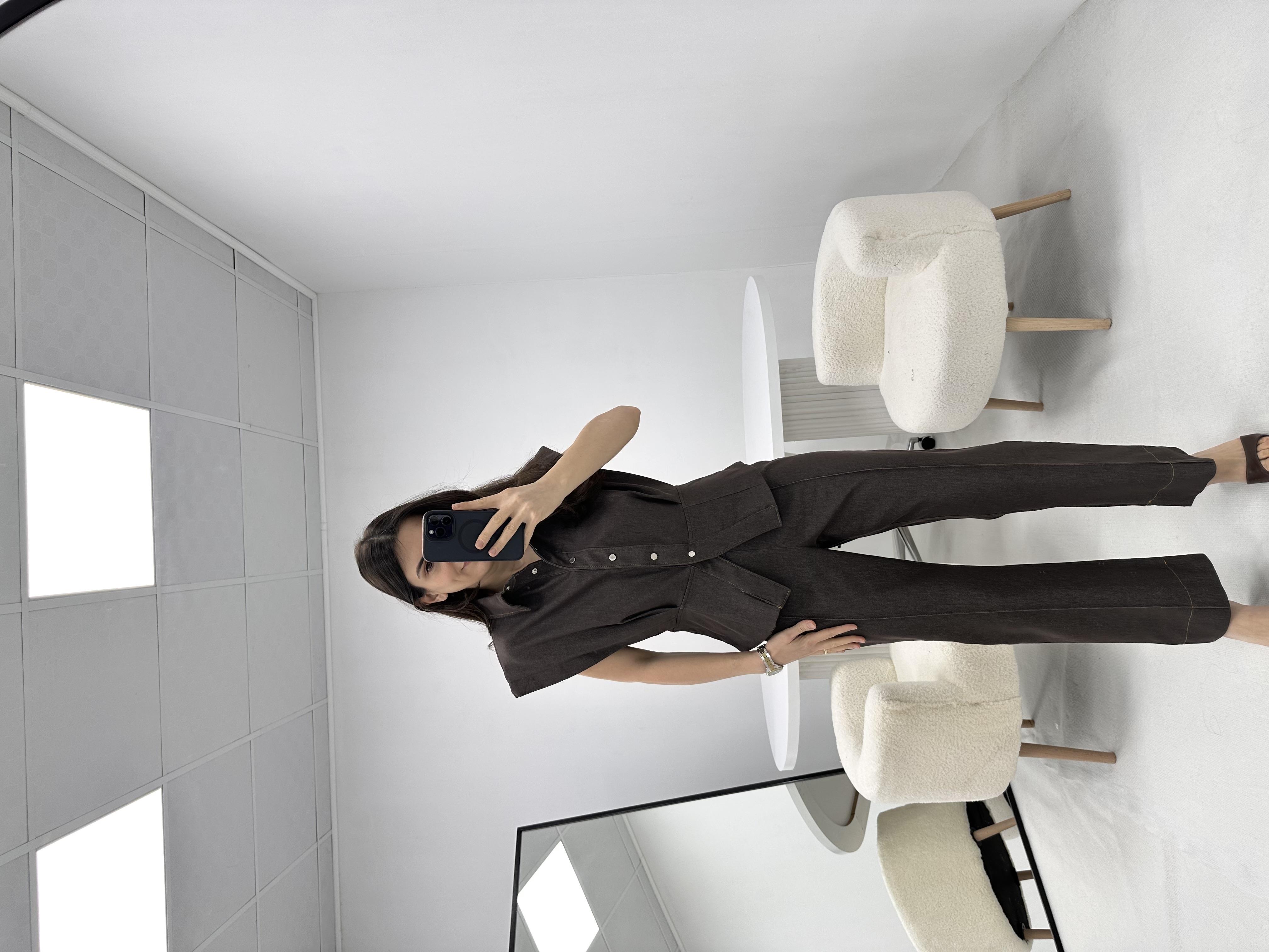 Vatkalı Kahverengi Denim Kot Takım 