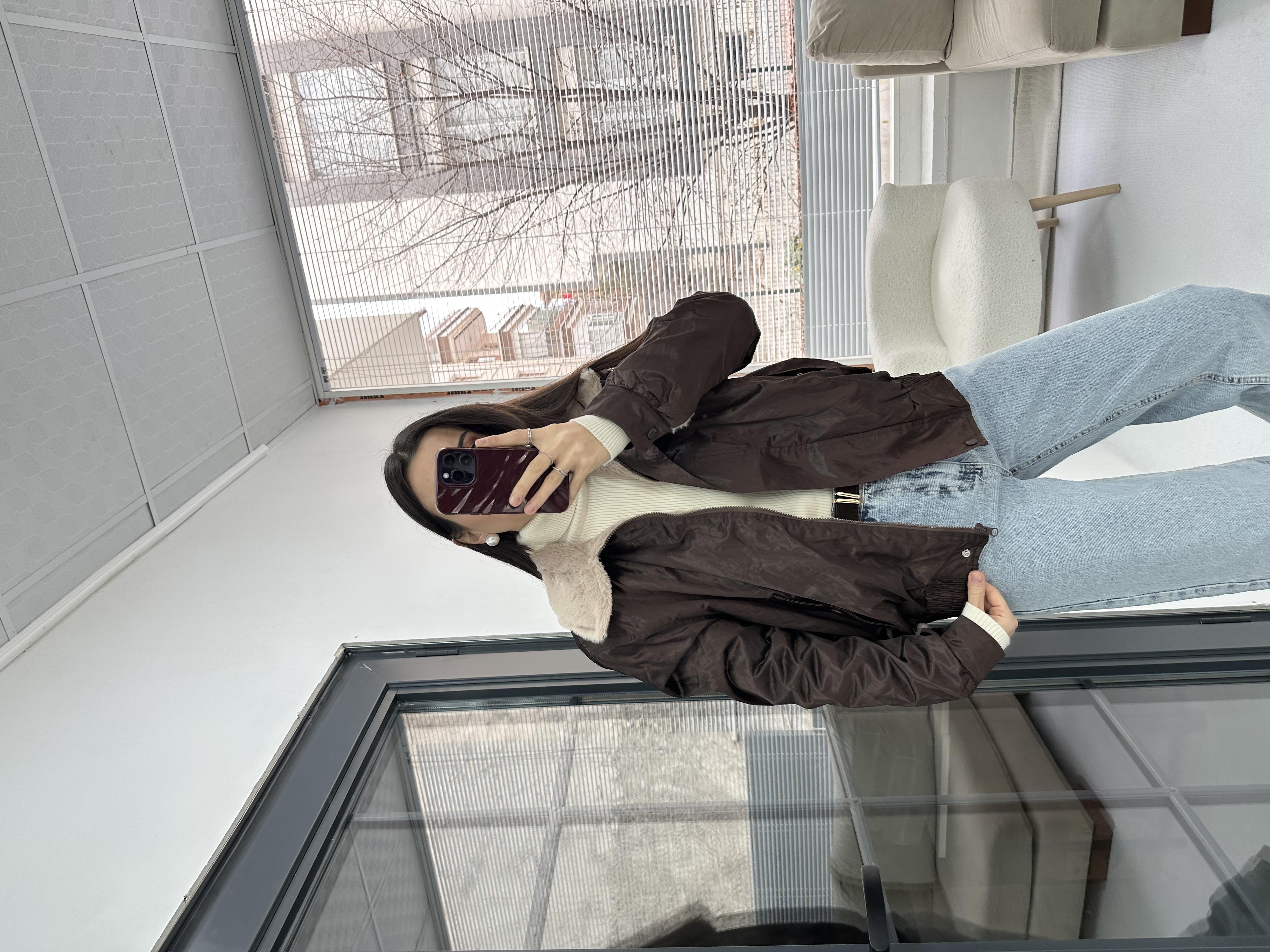 Yakası Kürk Detaylı Kahverengi Bamber Ceket
