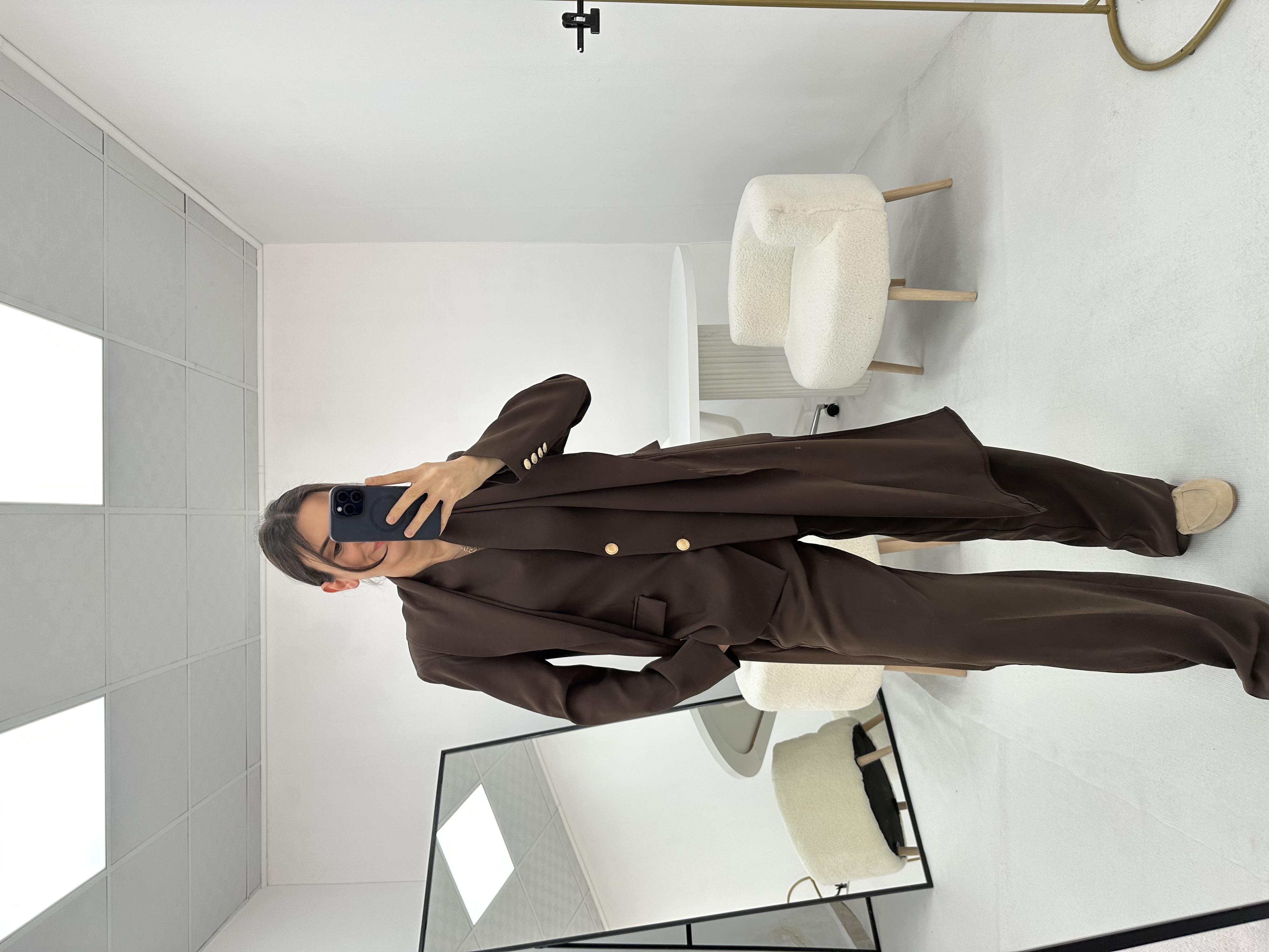 Yakası Şal Detaylı Kahverengi   Blazer  ceket 