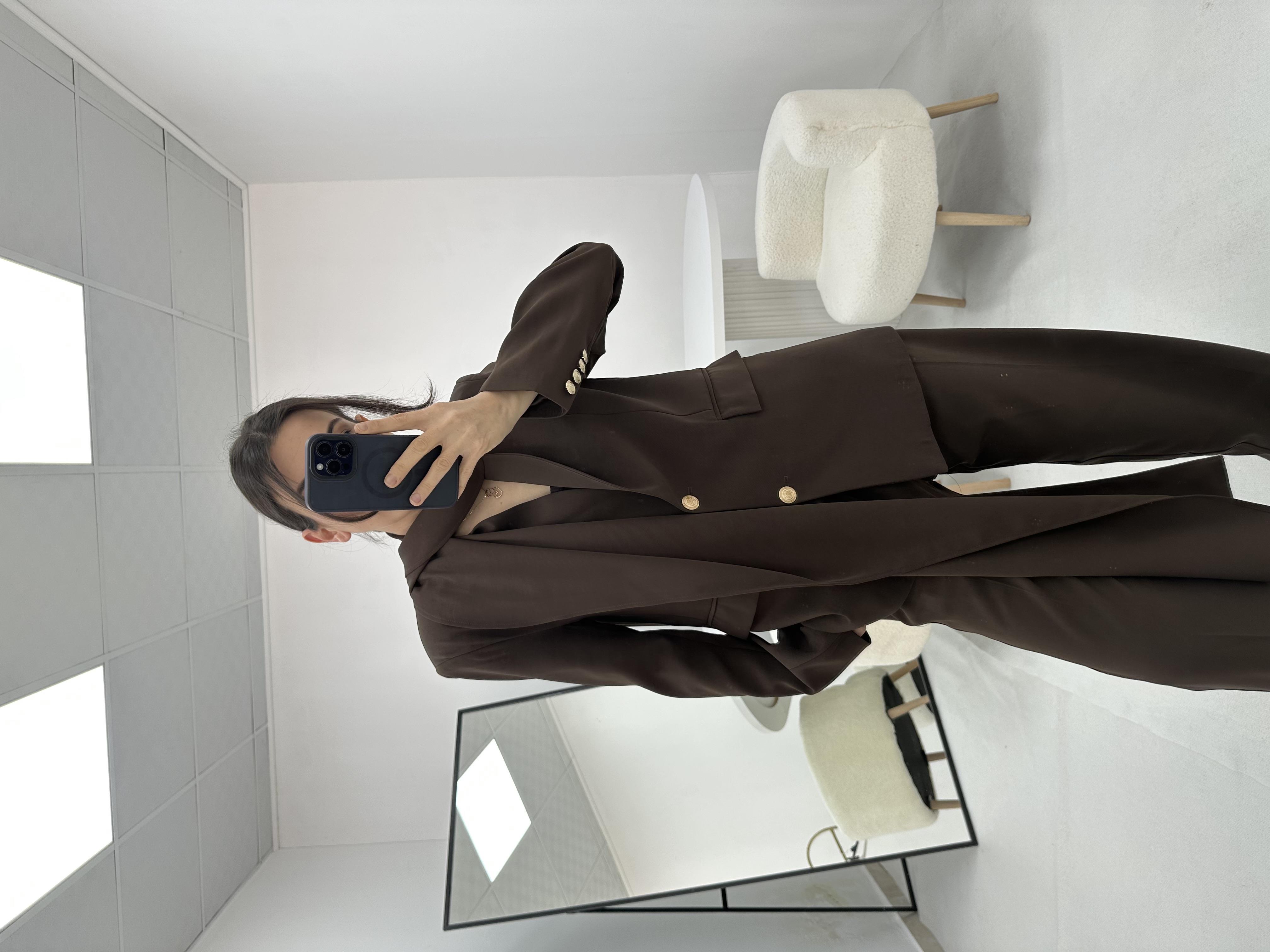 Yakası Şal Detaylı Kahverengi   Blazer  ceket 