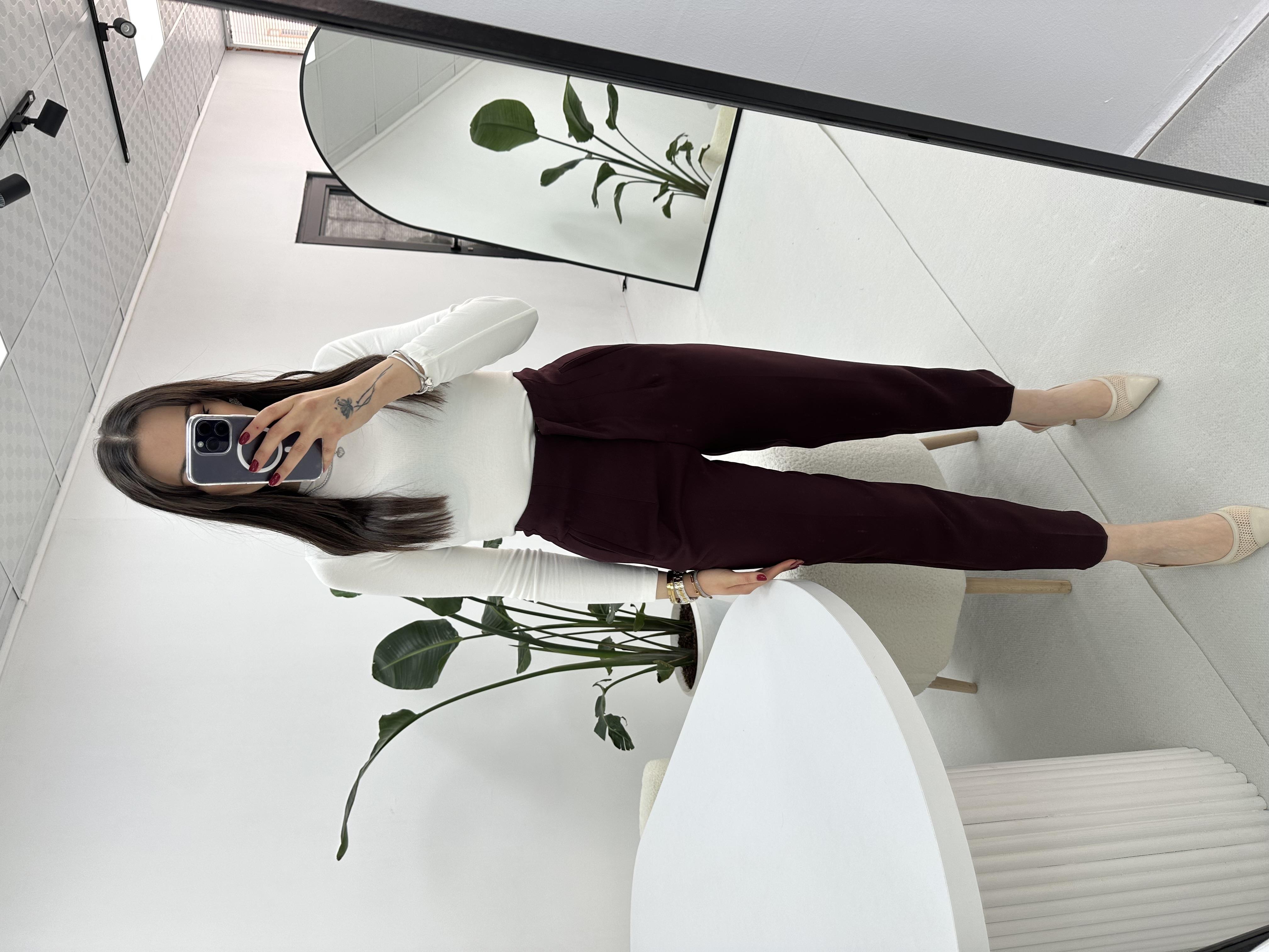 Yüksek Bel Bordo Kumaş Pantolon