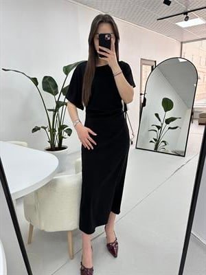 Belden Drape Detaylı Siyah Elbise 