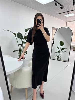 Belden Drape Detaylı Siyah Elbise 