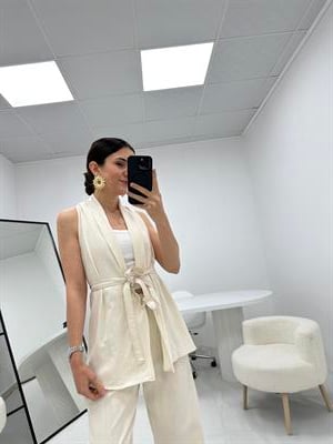 Belden Kuşak Bağlama Detaylı Taş Keten Takım  
