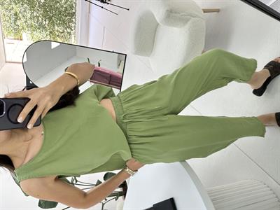 Beli Bağlamalı Haki  Bluz Pantolon Takım