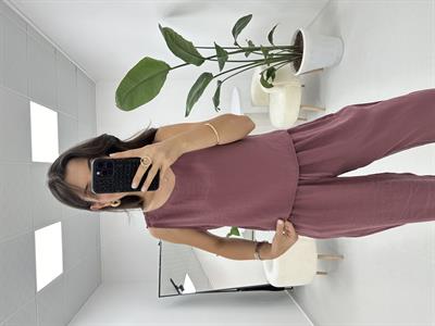 Beli Bağlamalı Mürdüm Bluz Pantolon Takım