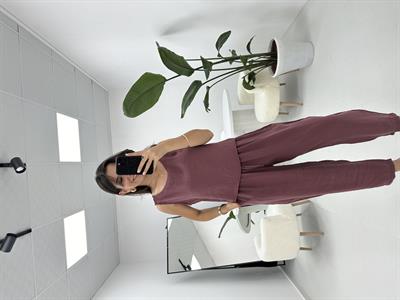 Beli Bağlamalı Mürdüm Bluz Pantolon Takım