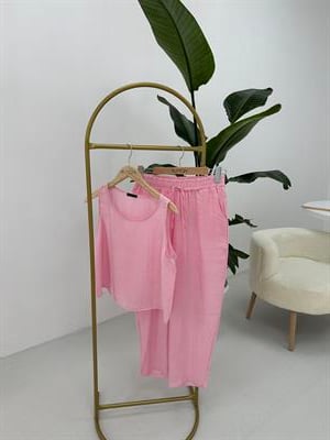 Beli Bağlamalı Pembe Bluz Pantolon Takım