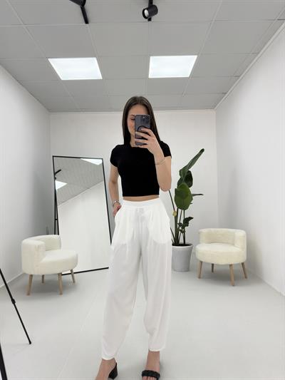 Beyaz Beli Lastikli Pilili Pantolon