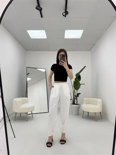 Beyaz Beli Lastikli Pilili Pantolon