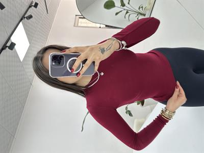 Bisiklet Yaka Uzun Kol Bordo Bluz