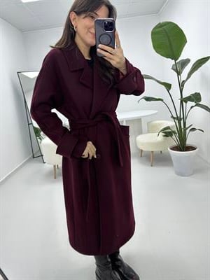 Cep Detaylı Kuşaklı Bordo Kaban 