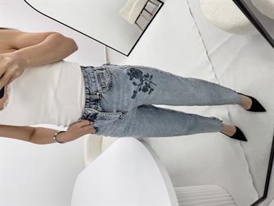 Çiçek Nakış Detaylı Jean Mavi Pantolon 