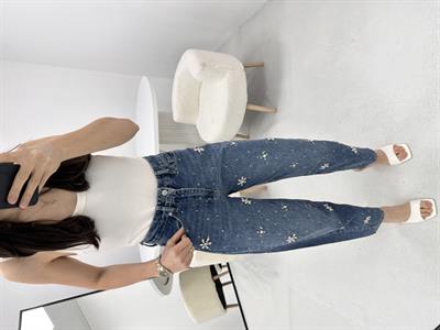 Çiçek Taş Detaylı Koyu Mavi Jean Pantolon