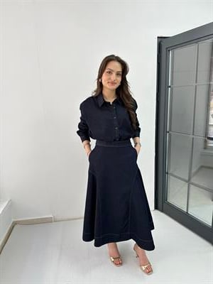 Denim Parçalı Uzun Etek