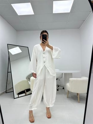 Düğme Detaylı Beyaz Keten Şalvar Model Takım 
